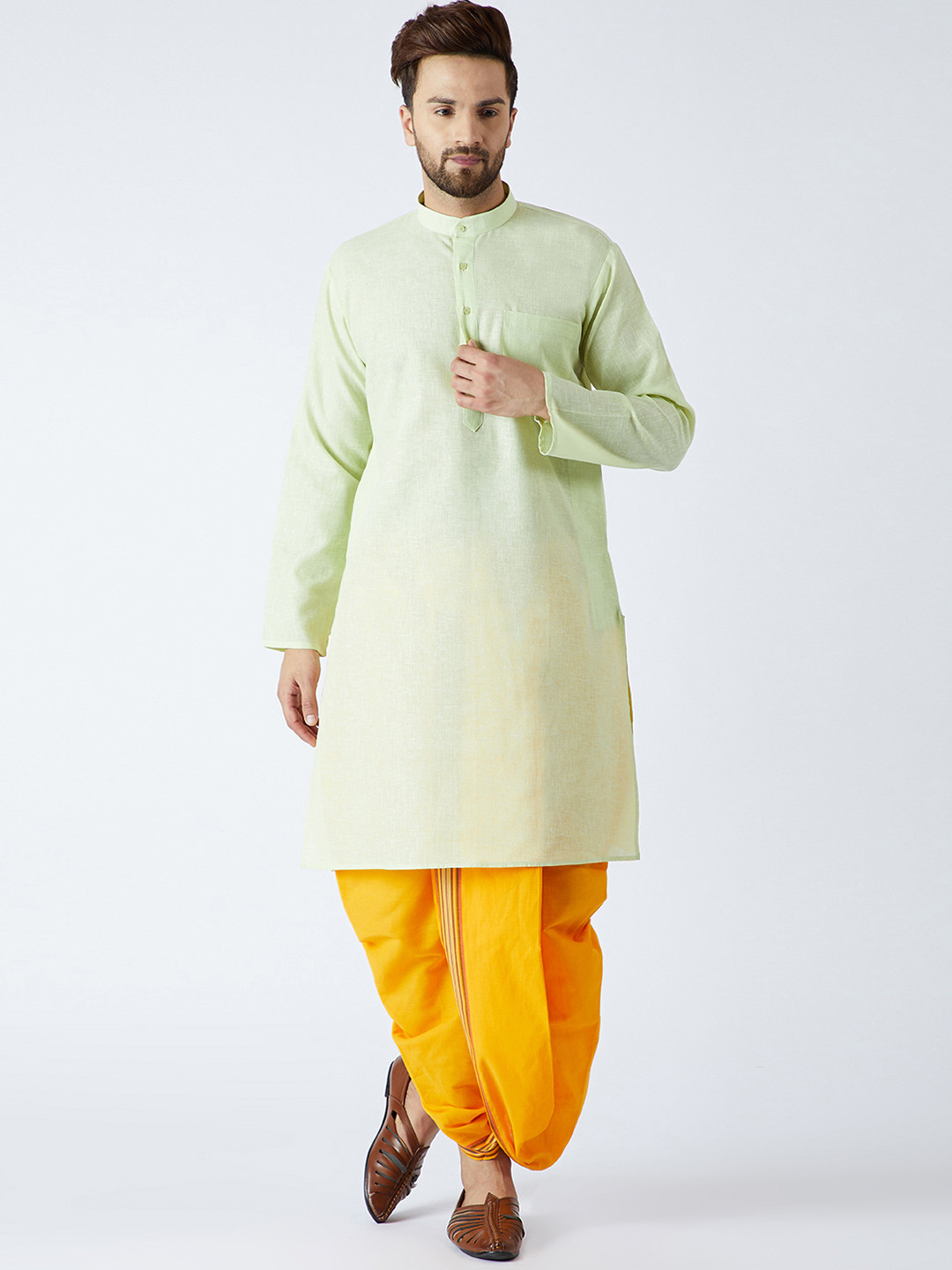 SOJANYA Men Lime Green & Yellow Solid Kurta with Dhoti Pants