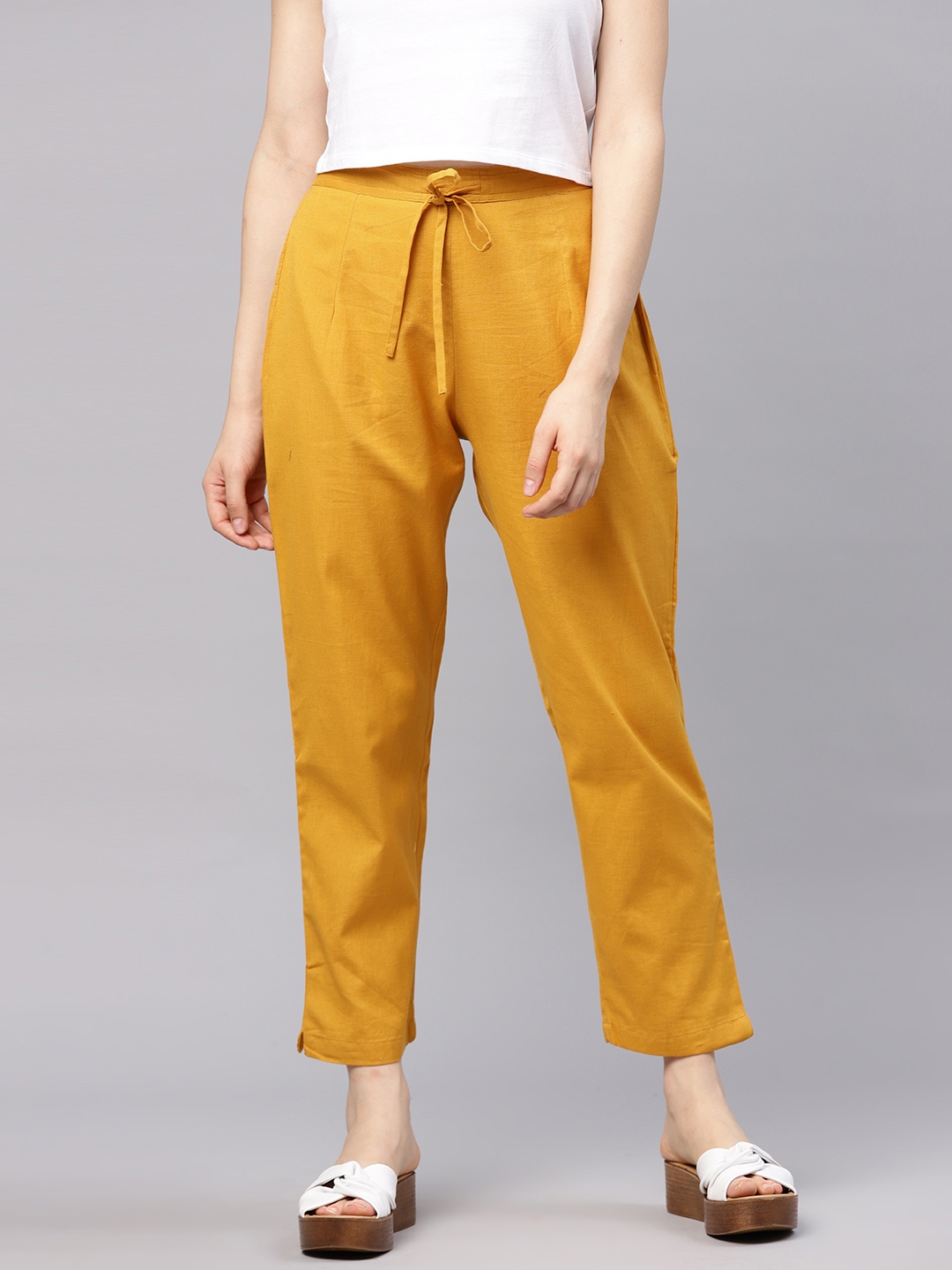 mustard cropped trousers