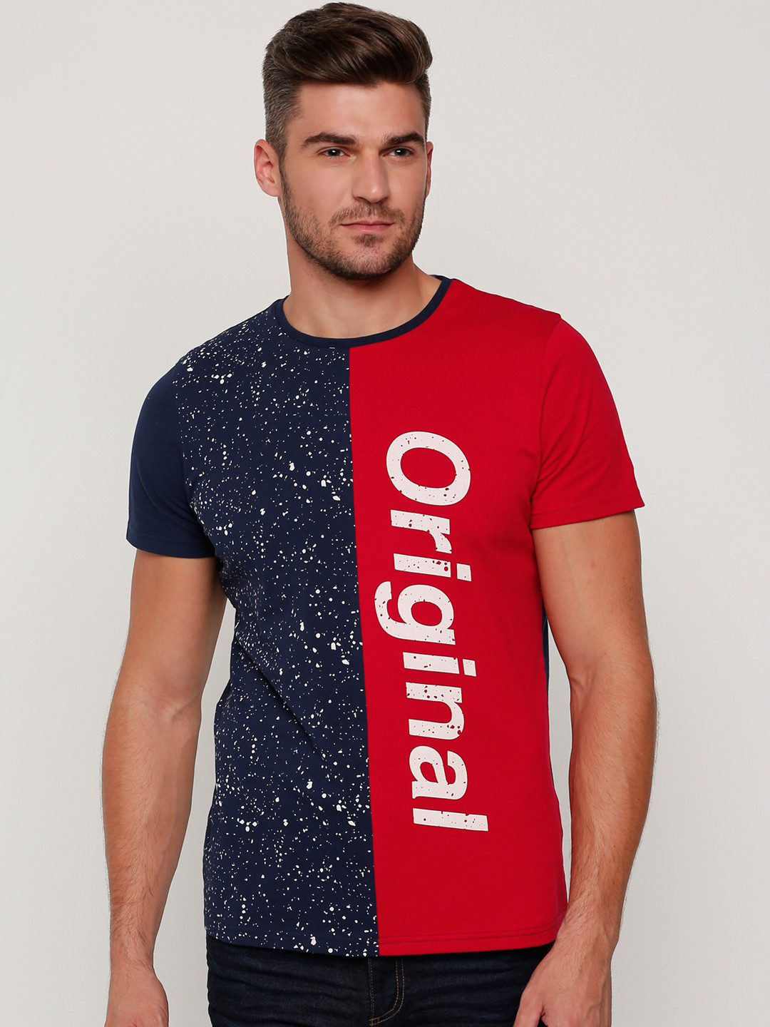 Splash Men Navy & Red Printed Round Neck T-shirt