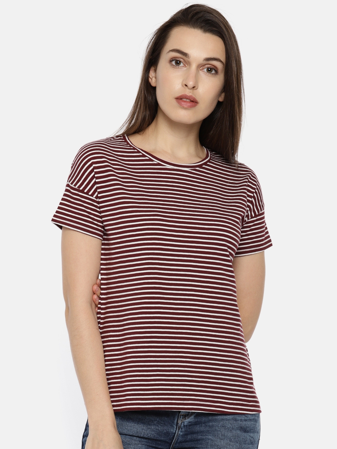 maroon and white striped shirt womens