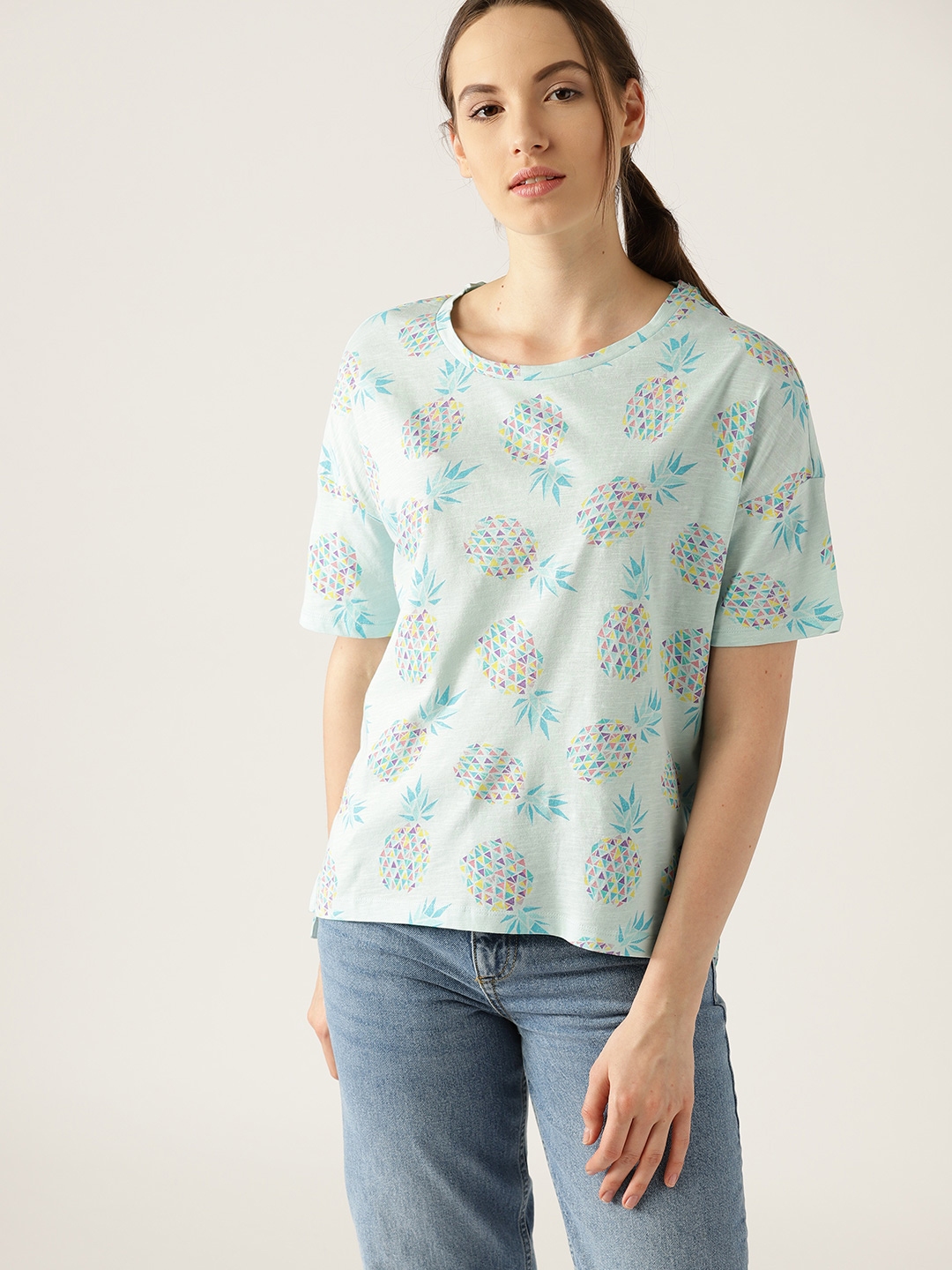 ESPRIT Women Blue Printed Round Neck T-shirt