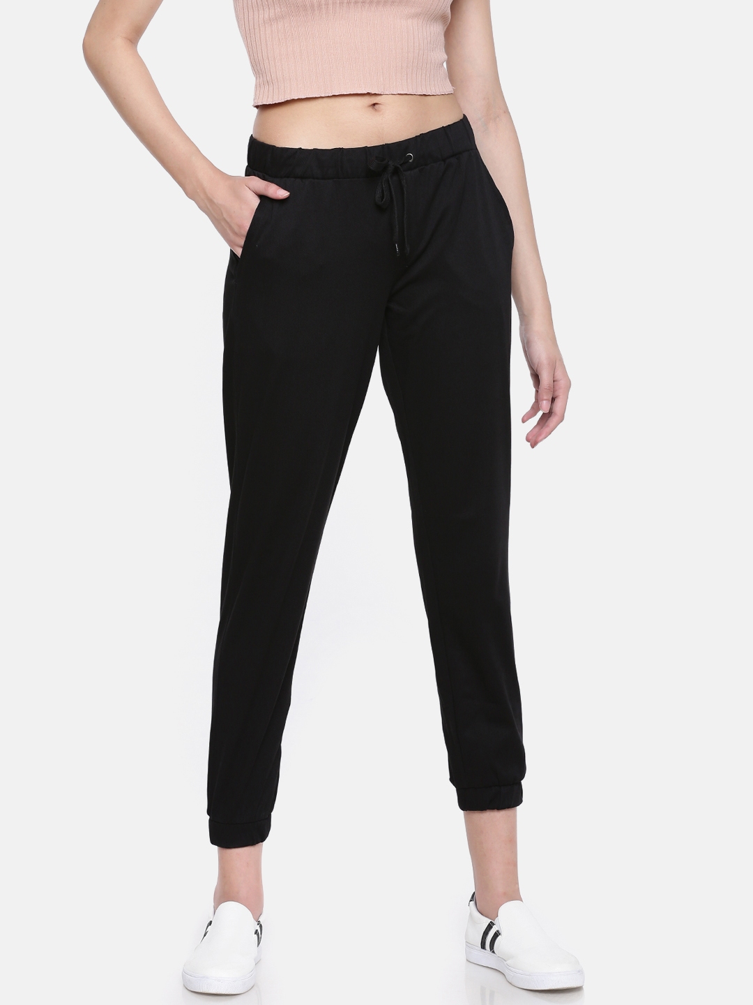 Buy Go Colors Women Black Relaxed Fit Cropped Joggers - Trousers