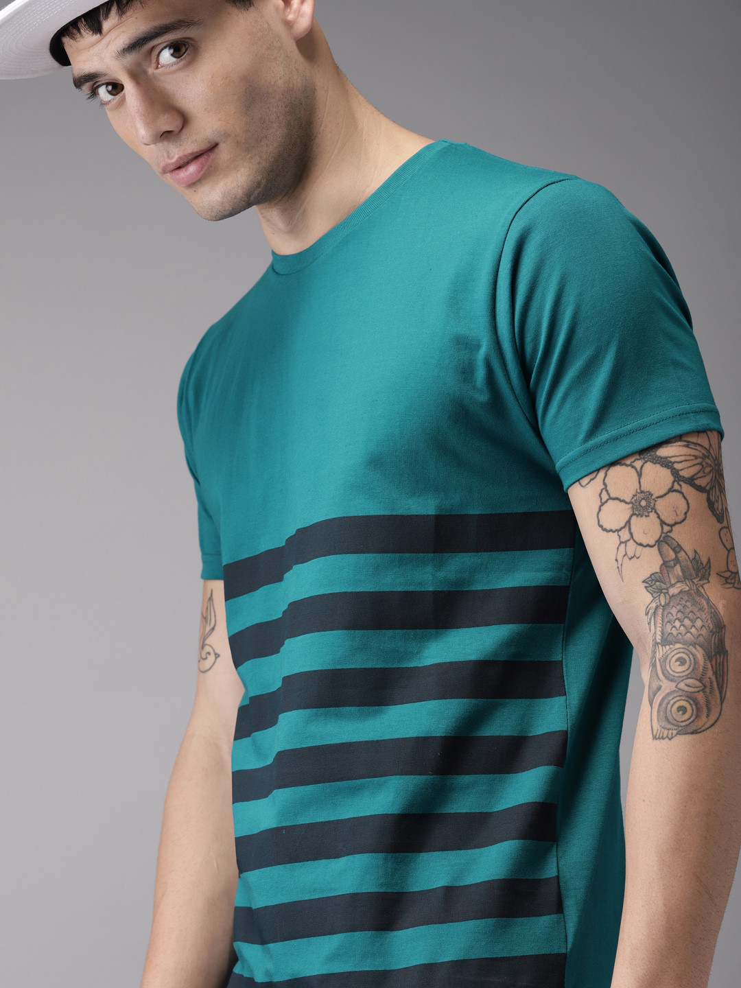 HERENOW Men Teal Green  Black Striped Round Neck Pure Cotton T-shirt