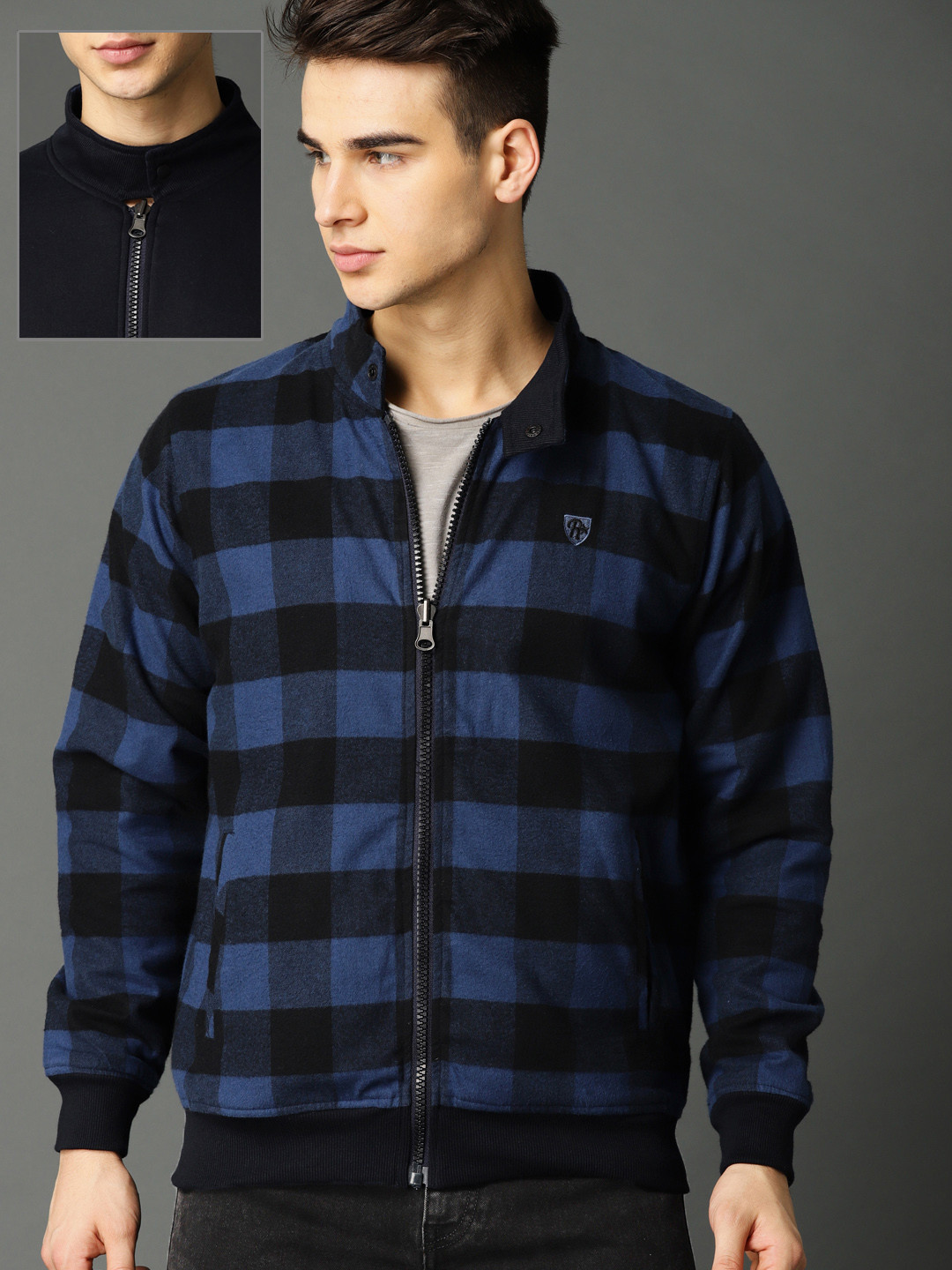Roadster Men Blue & Black Reversible Bomber Jacket