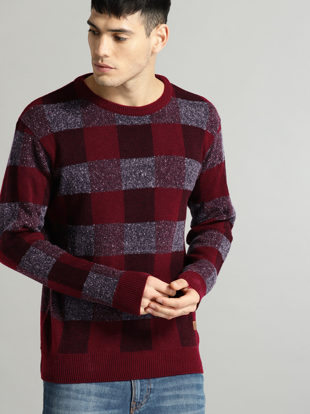 Roadster Men Maroon & Grey Checked Pullover