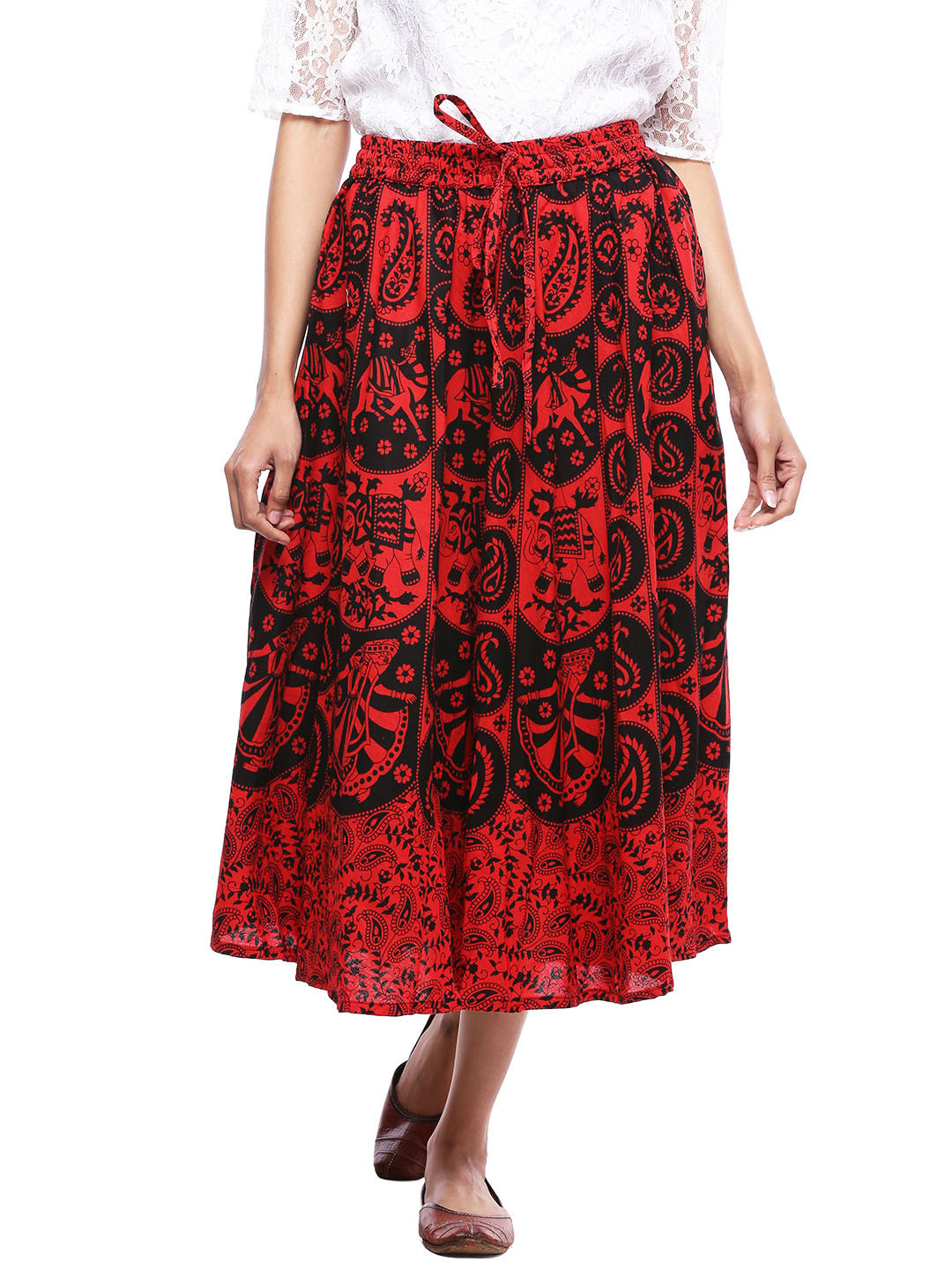 Buy SOUNDARYA Red Black Floral Print Midi Skirt Skirts for