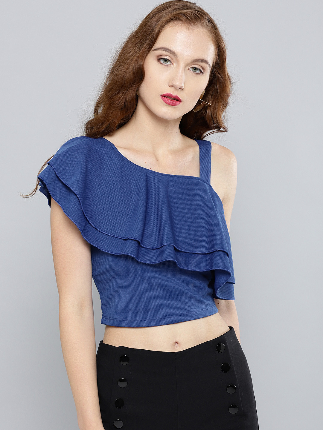 Veni Vidi Vici Women Blue Solid Crop Fitted Top
