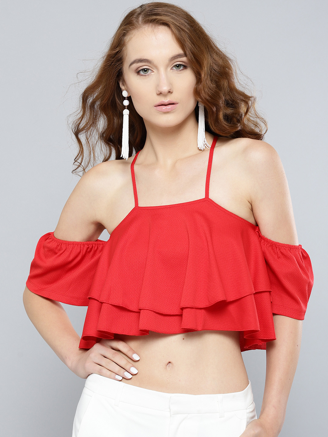 Veni Vidi Vici Women Red Solid Ruffled Bardot Crop Top