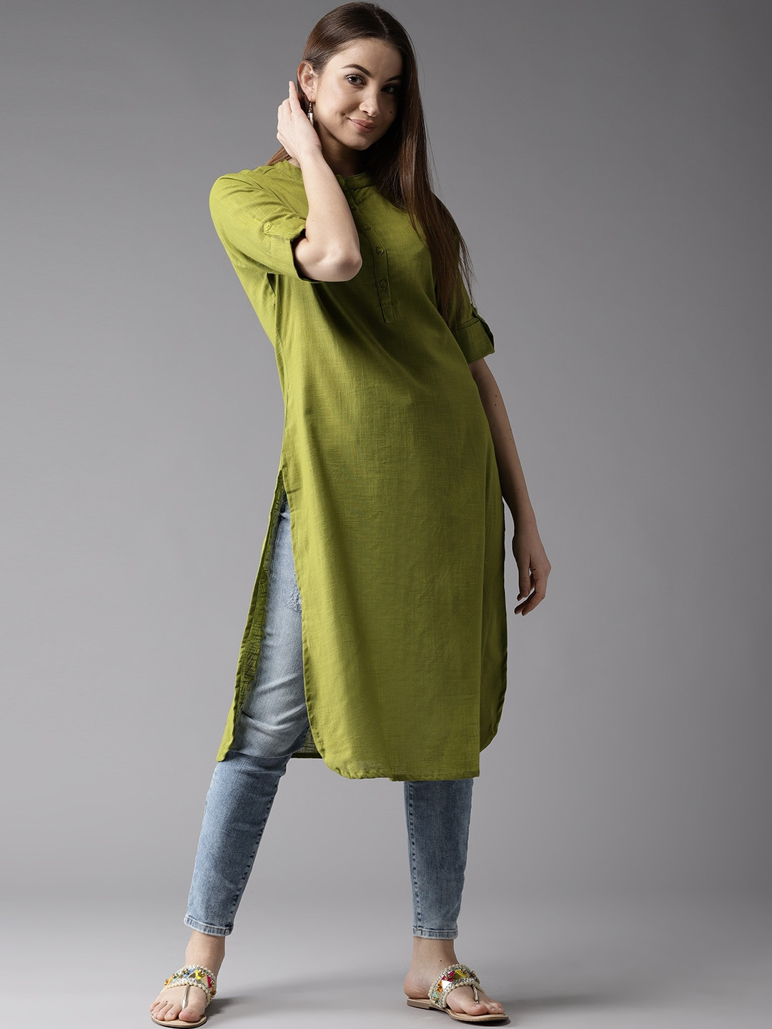 HERE&NOW Women Sap Green Solid Symmetric Kurta