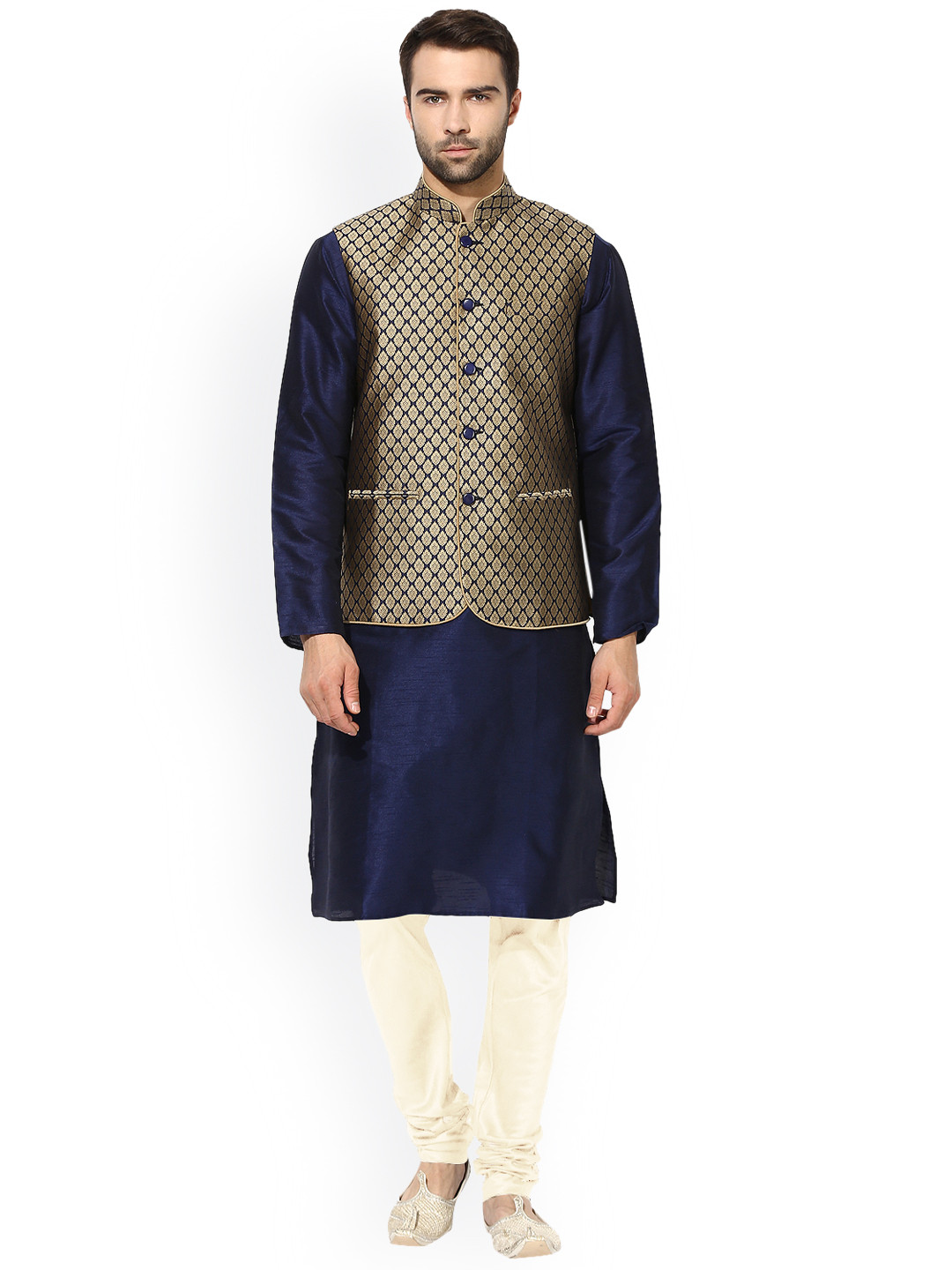 KISAH Men Navy Blue & Off-White Solid Kurta with Churidar and Waistcoat