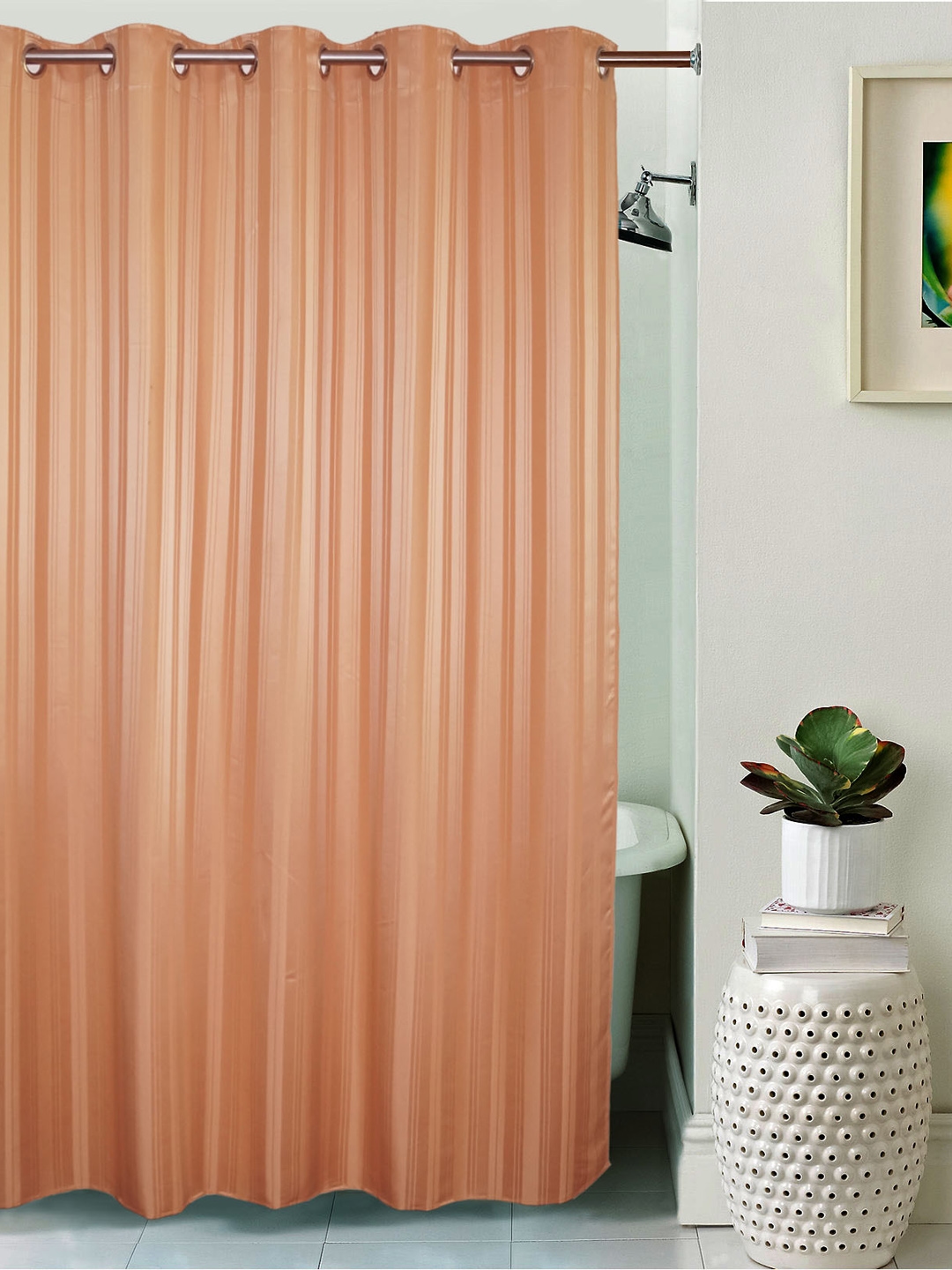 Lushomes Striped Peach Polyester Shower Curtain