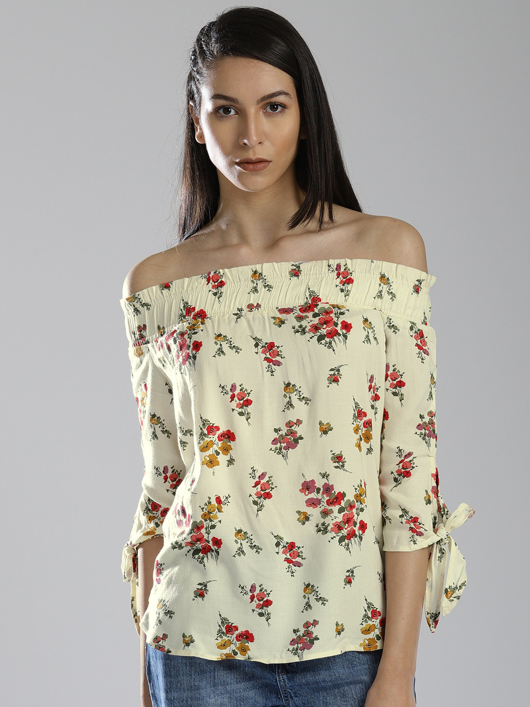 Bossini Women Cream- coloured Printed Bardot Top