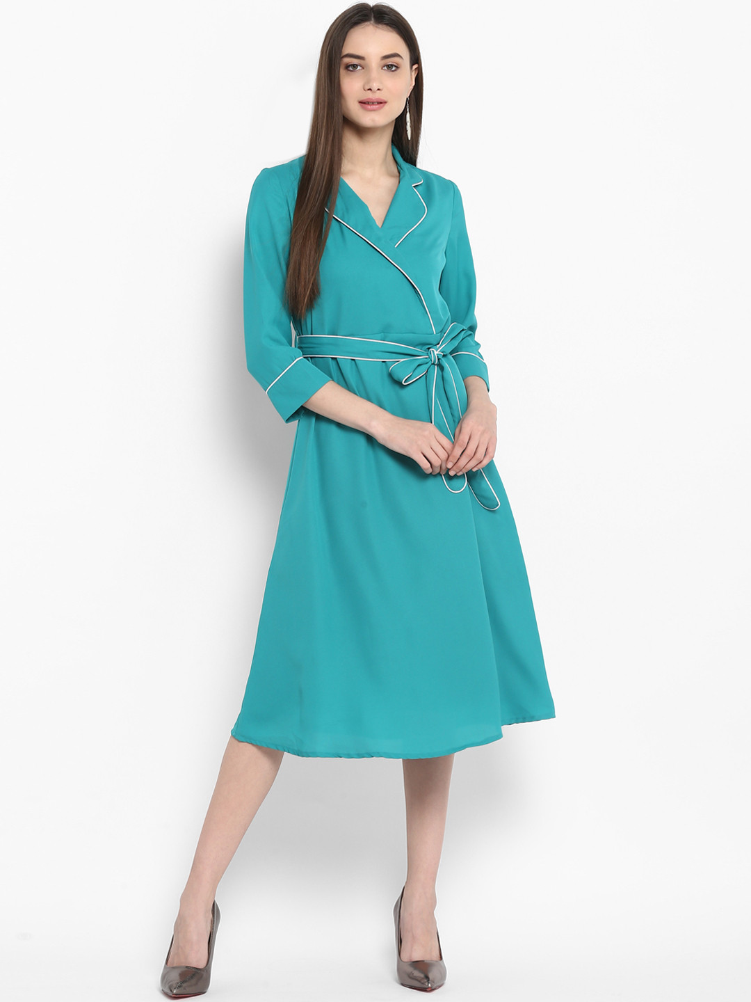 StyleStone Women Sea Green Solid Casual Wrap Dress
