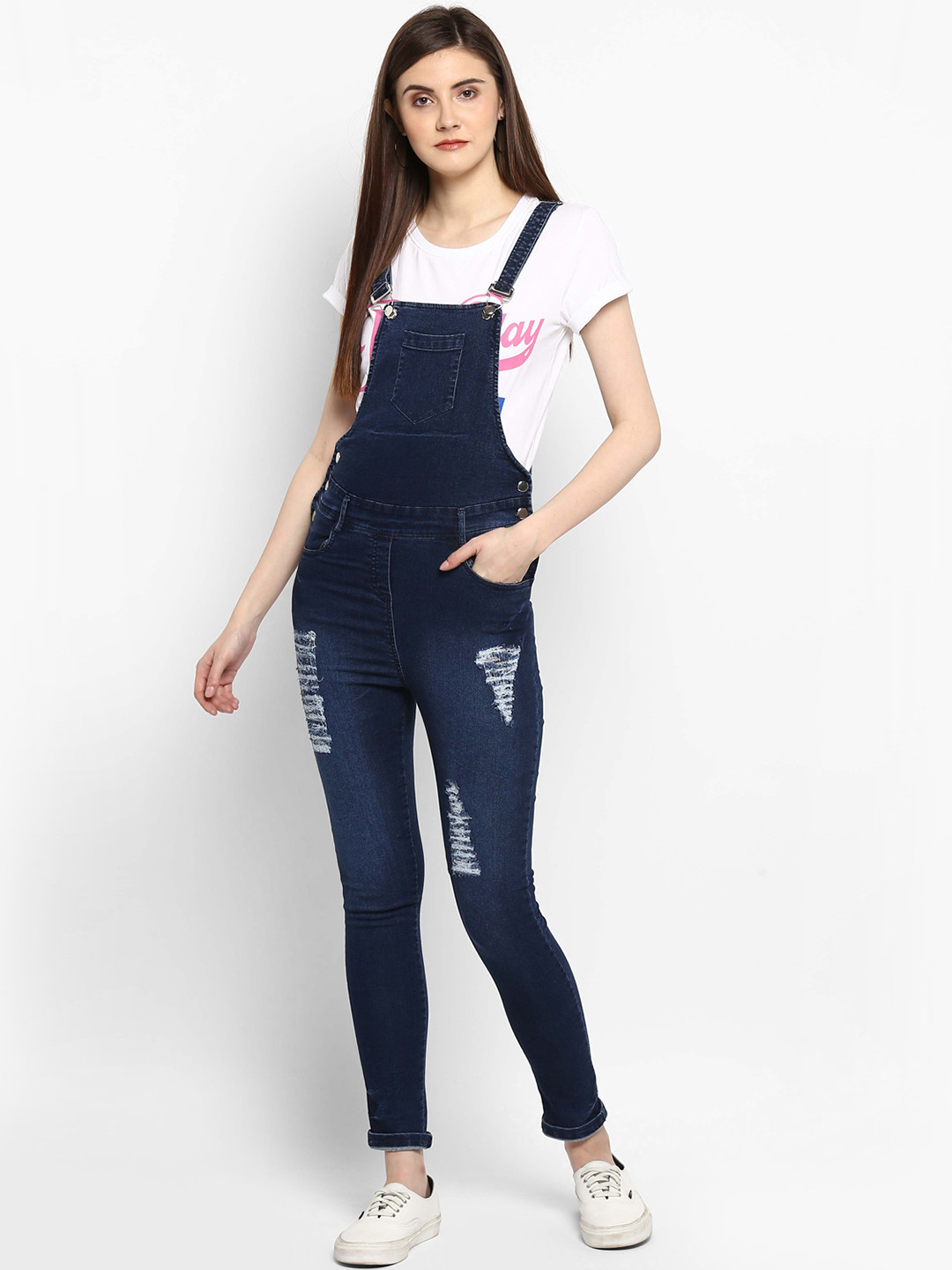StyleStone Women's Blue Distressed Stretchable Slim Fit Denim Dungarees