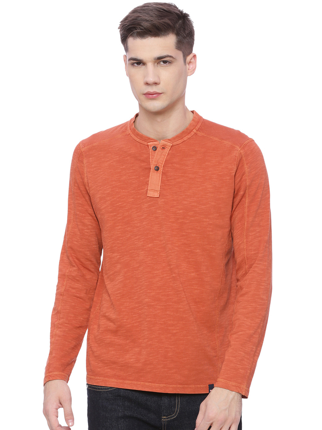 Buy Basics Men Orange Solid Henley Neck 