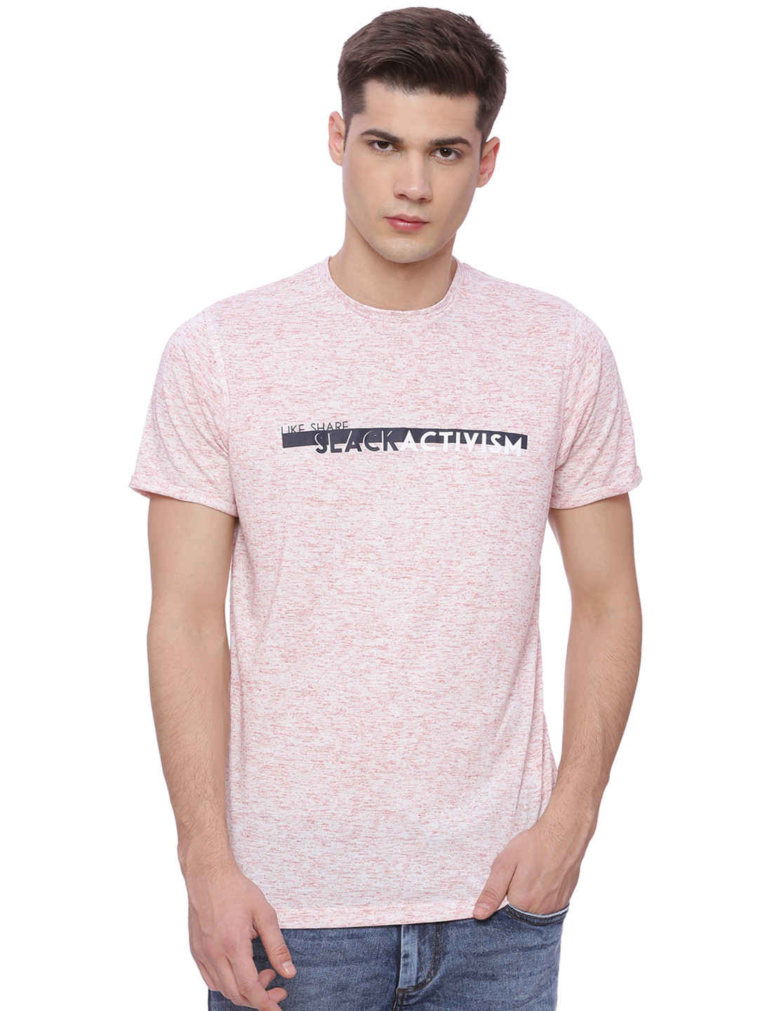 Basics Men Red & Off White Printed Round Neck T-shirt