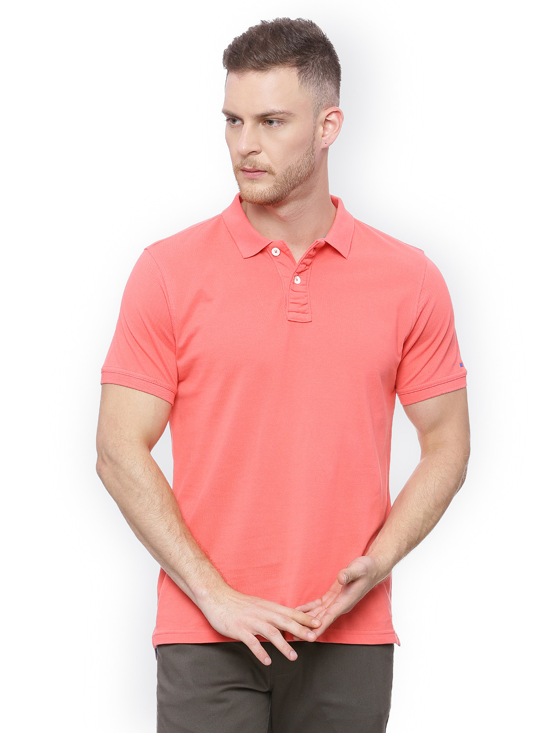 Buy Basics Men Coral Solid Muscle Fit Polo Collar T Shirt