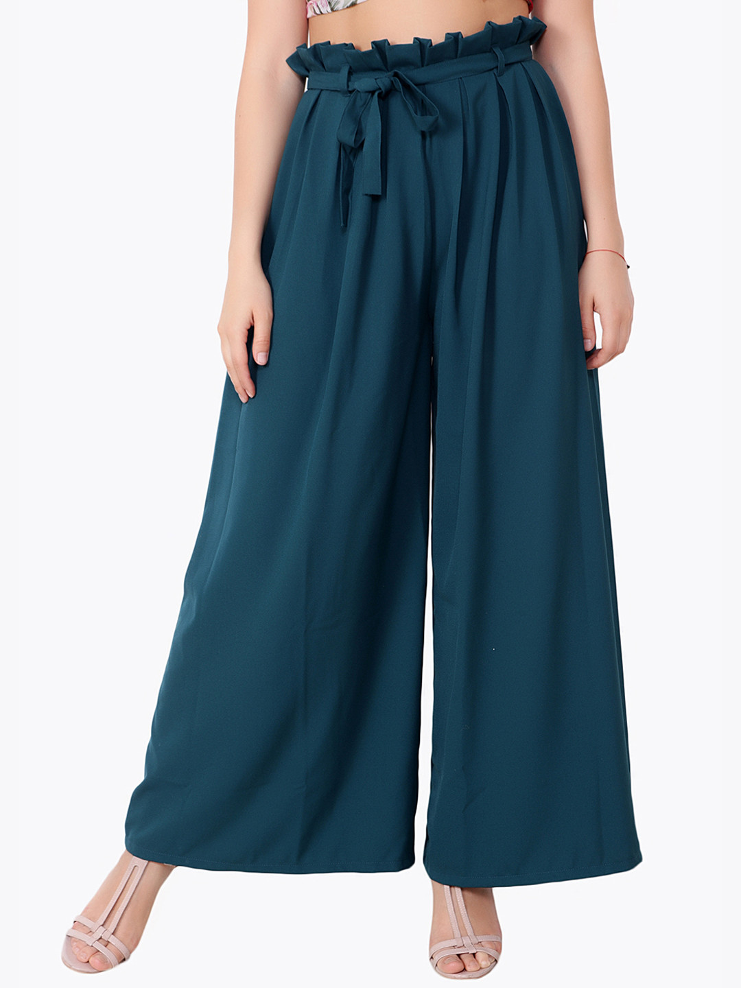 Cation Women Green Silk Solid Wide Leg Palazzos