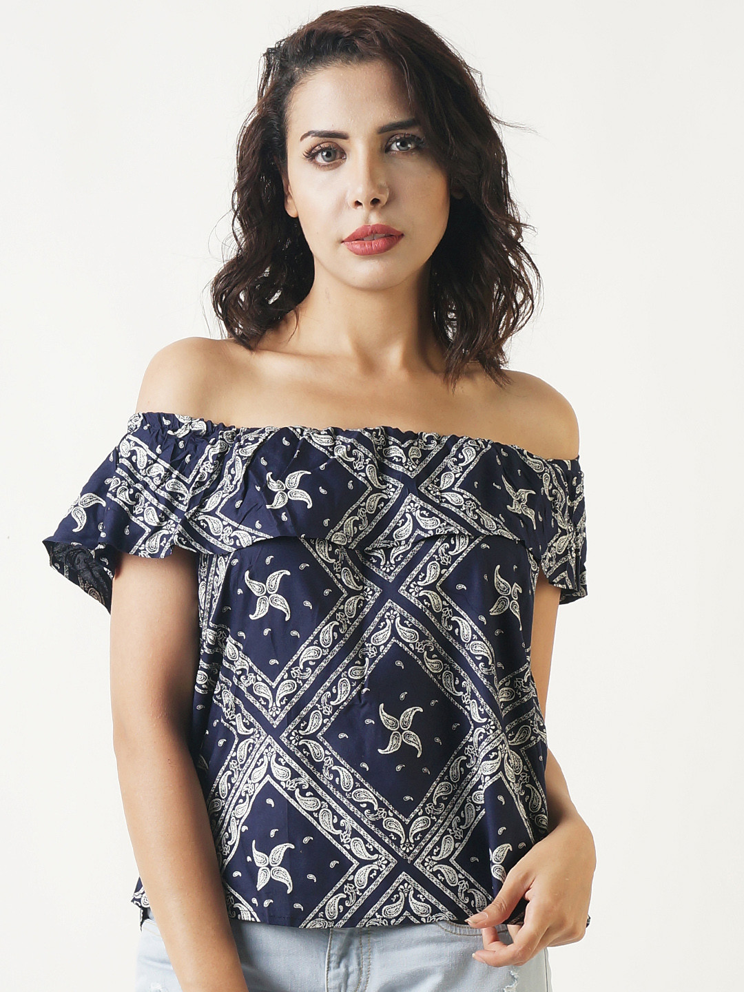 Blue Saint Women Blue Printed Bardot Top
