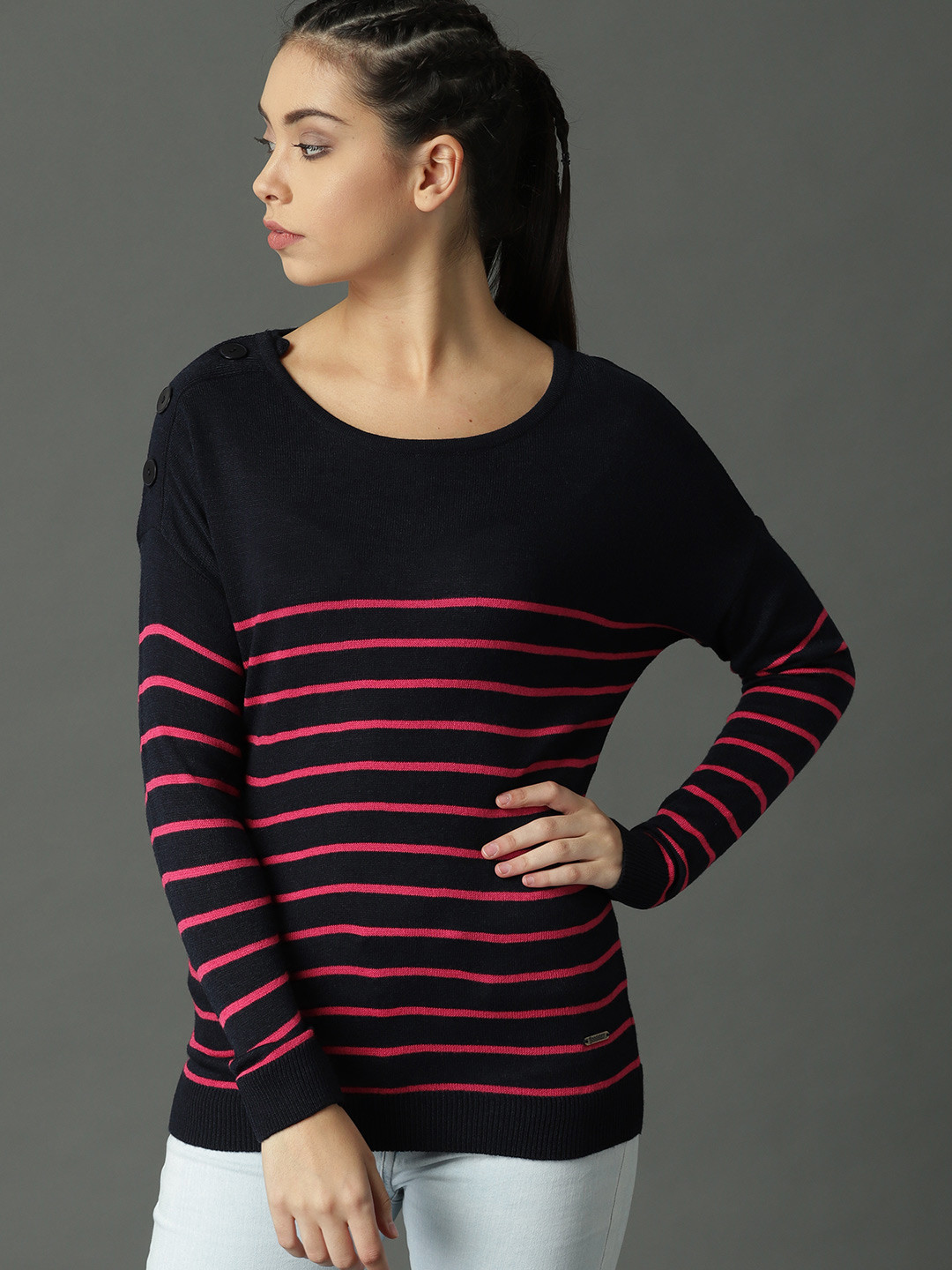 navy blue pink sweater