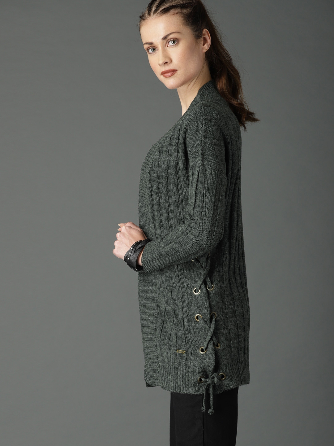 grey open front sweater