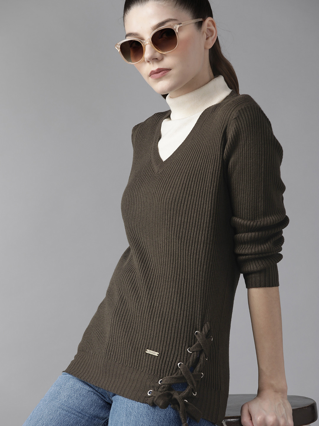 Buy Roadster Women Olive Green Solid Lace Up Pullover - Sweaters for Women  5447380 | Myntra
