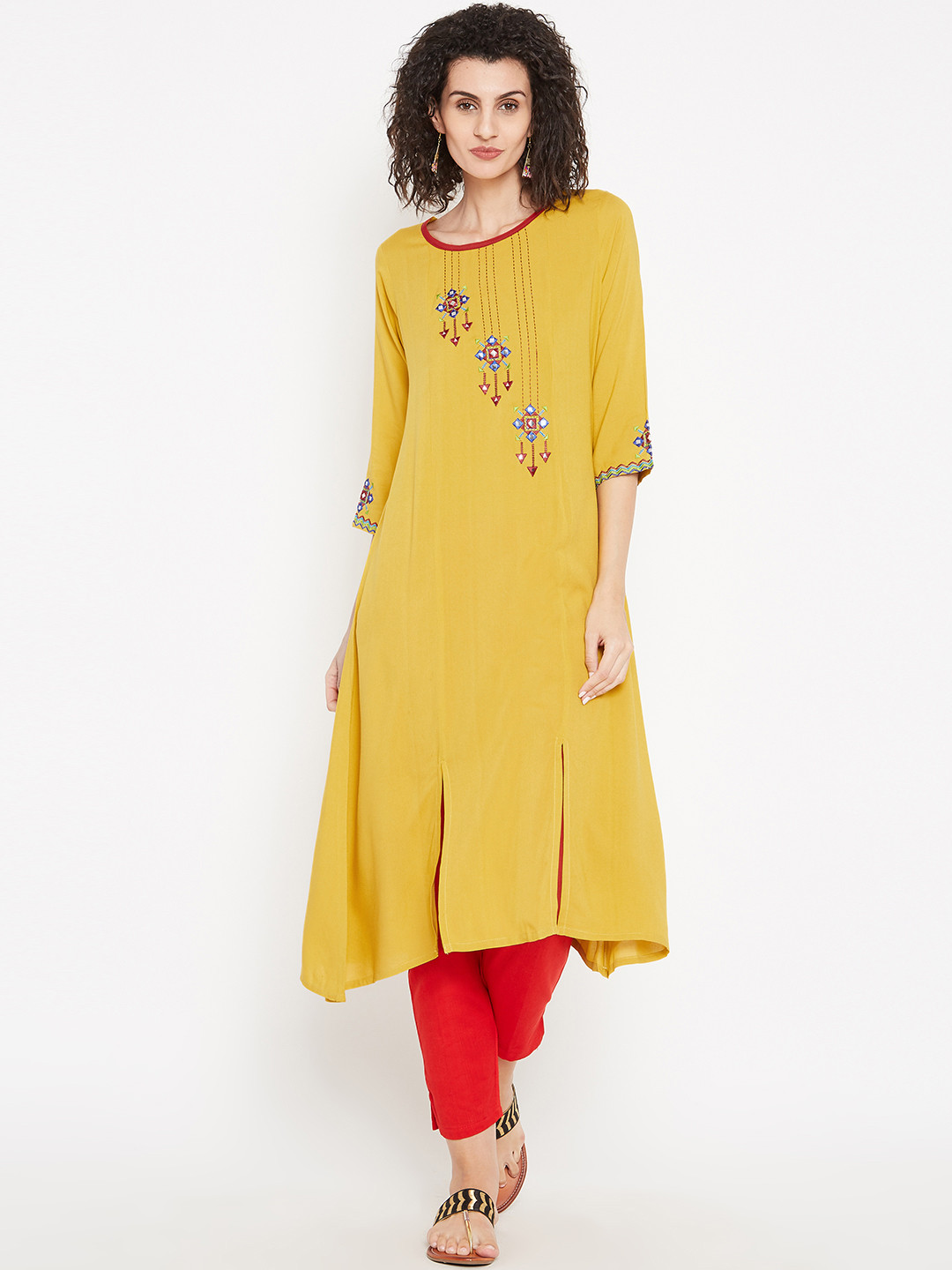 Anahi Women Mustard Yelloe Embroidered A-Line Kurta