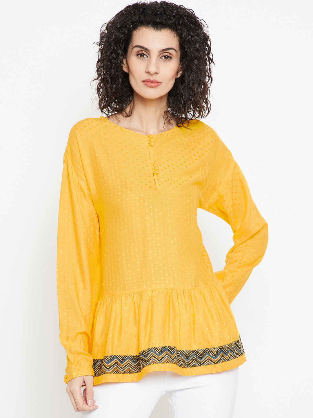 Bronz Women Yellow Self Design A-Line Top