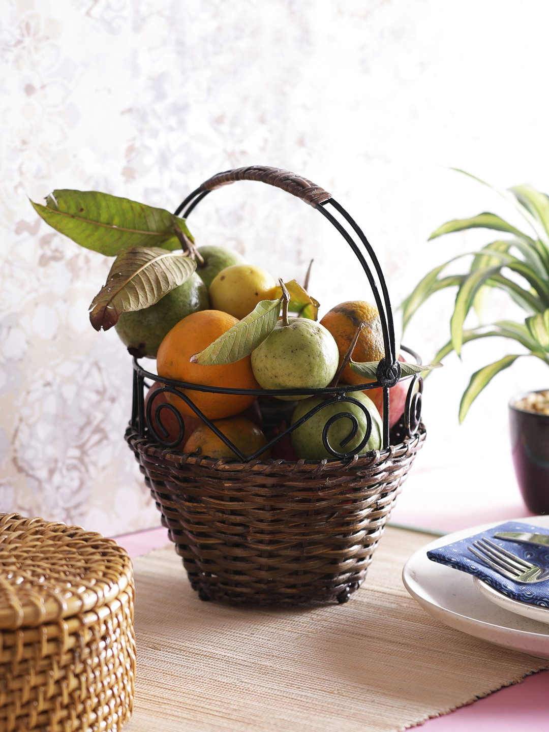 VarEesha Brown Solid Wood Set Fruit Basket with Handle