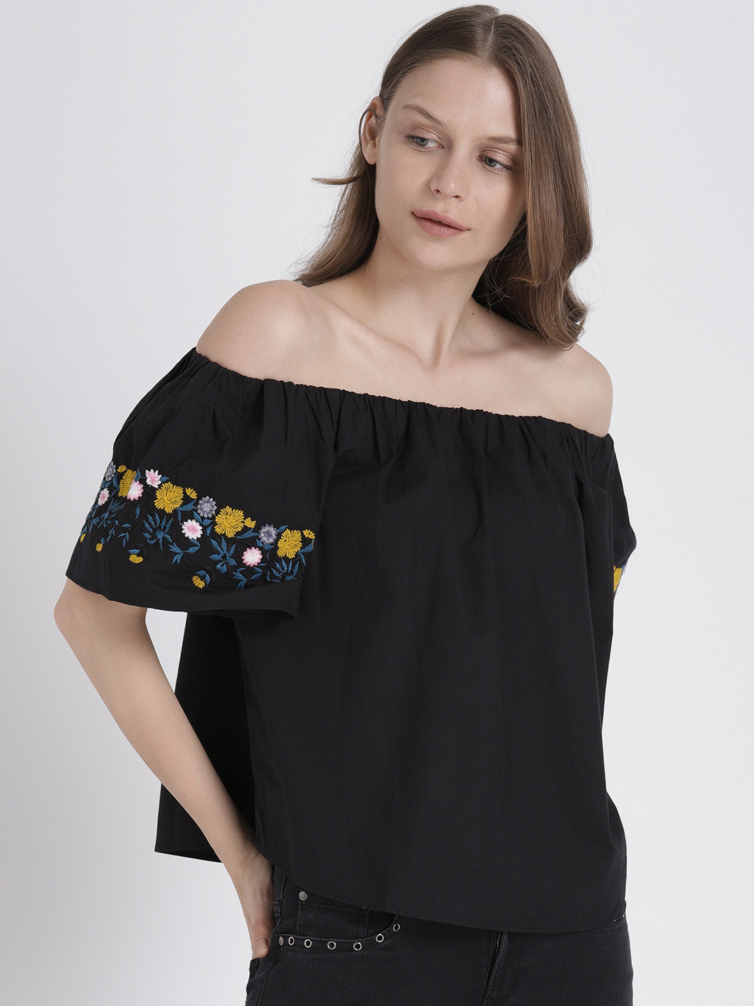 Splash Women Black Solid Bardot Pure Cotton Top