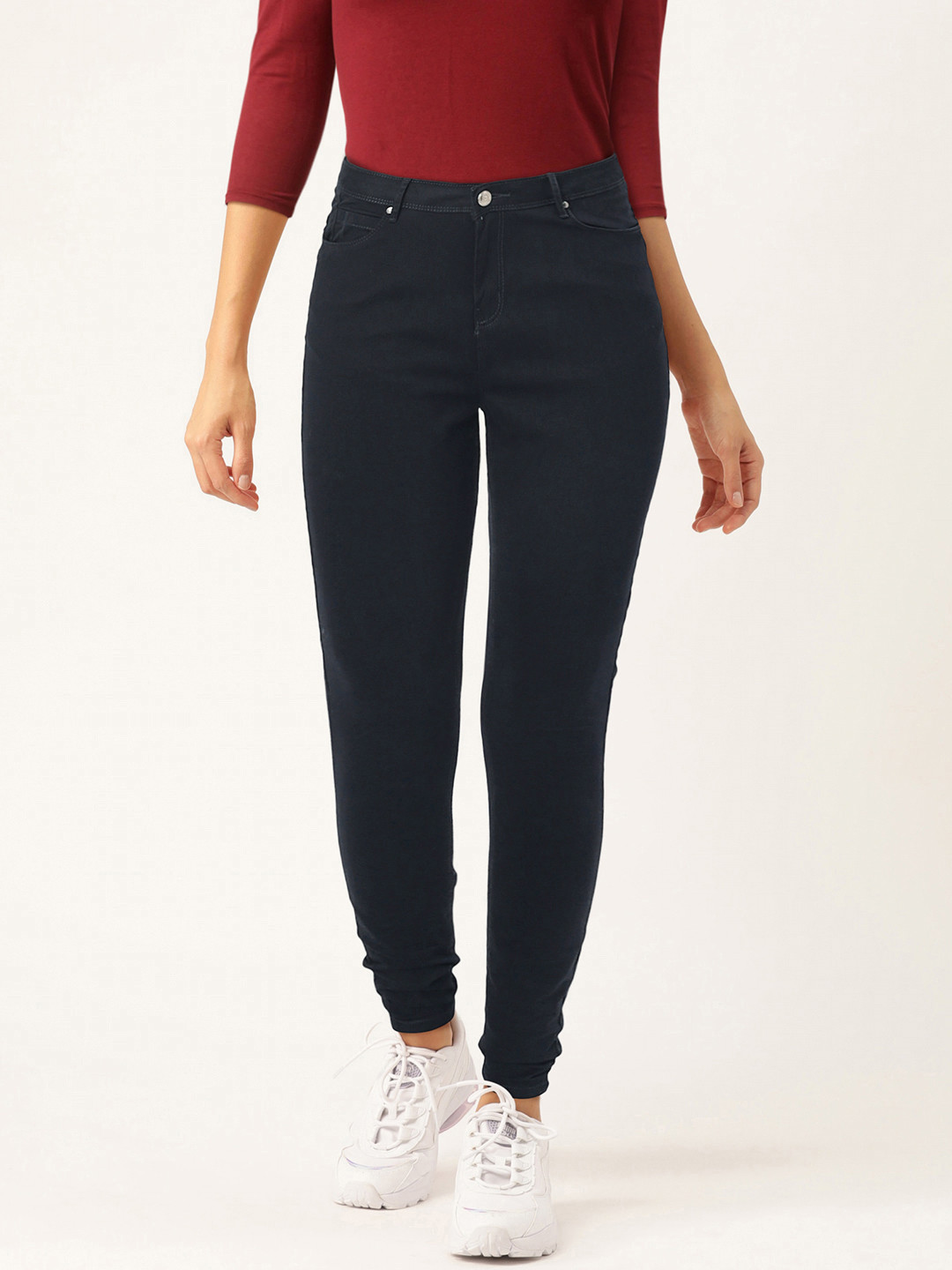 Splash Women Navy Blue Skinny Fit Solid Chinos