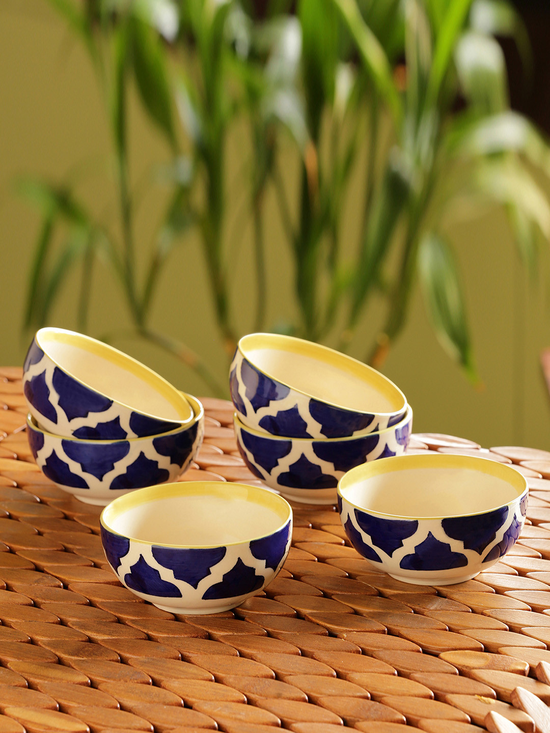ExclusiveLane Blue & White Set Of 6 Mediterranean Hand Painted Ceramic Serving Bowls