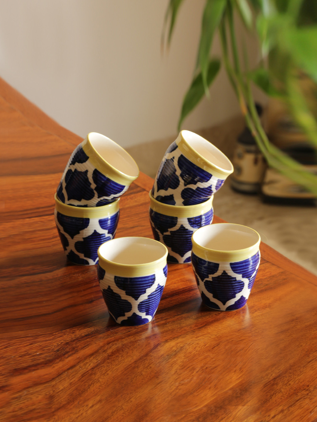 ExclusiveLane White & Blue Set of 6 Tropic of Kulhads Hand-Painted Ceramic Cups