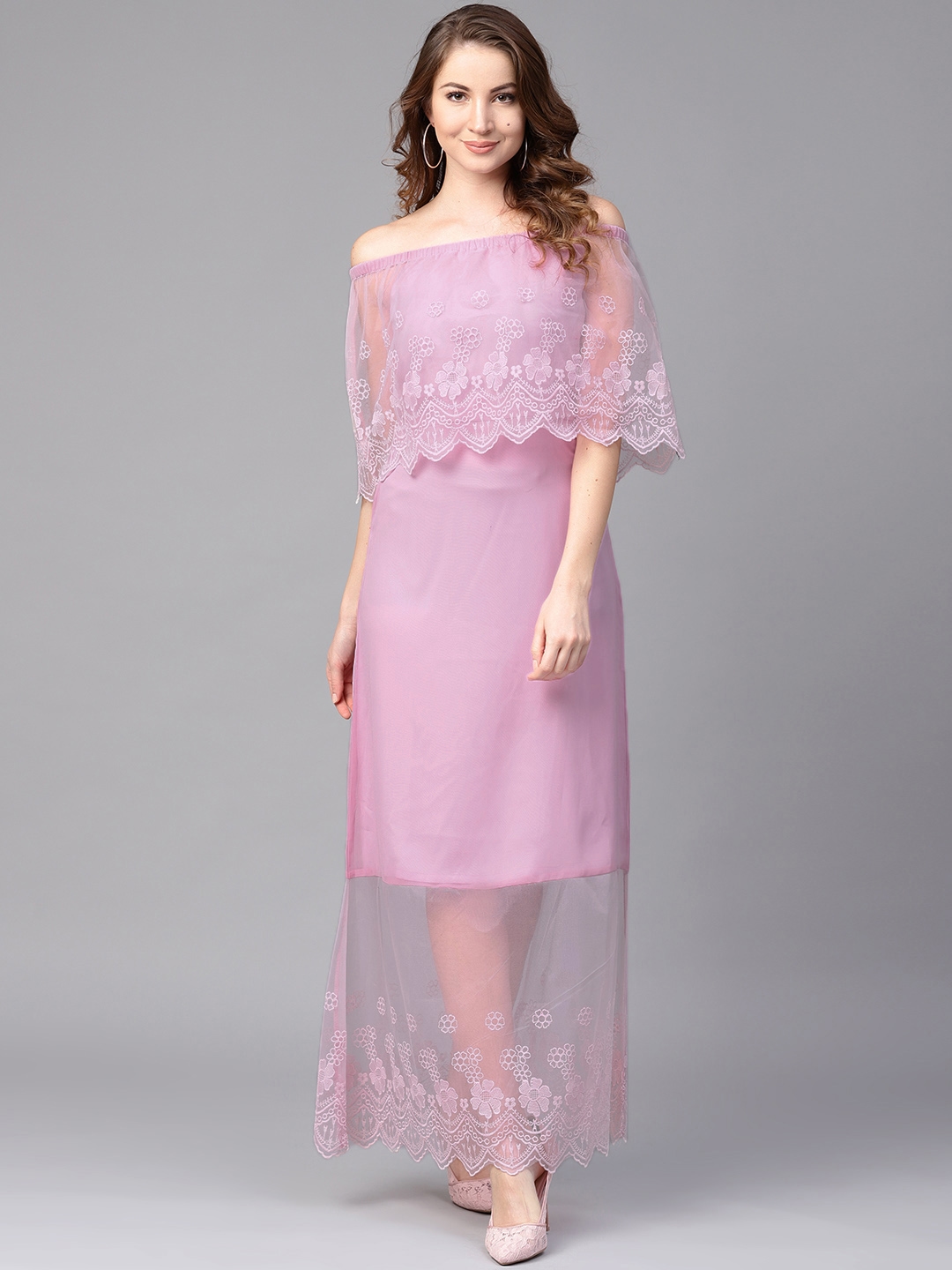 Athena Women Lavender Lace Off-Shoulder Maxi Dress