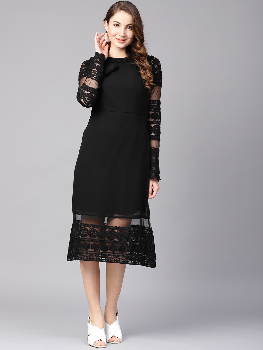 Athena Women Black Lace Solid Detail Midi Sheath Dress