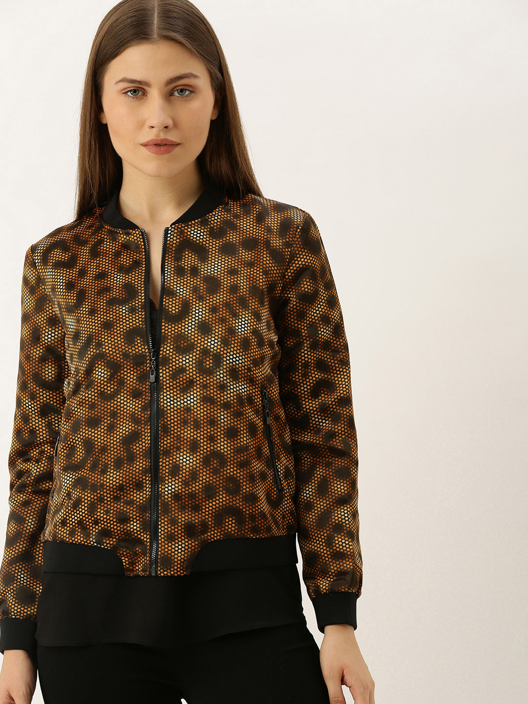 Splash Women Black & Orange Printed Bomber Jacket