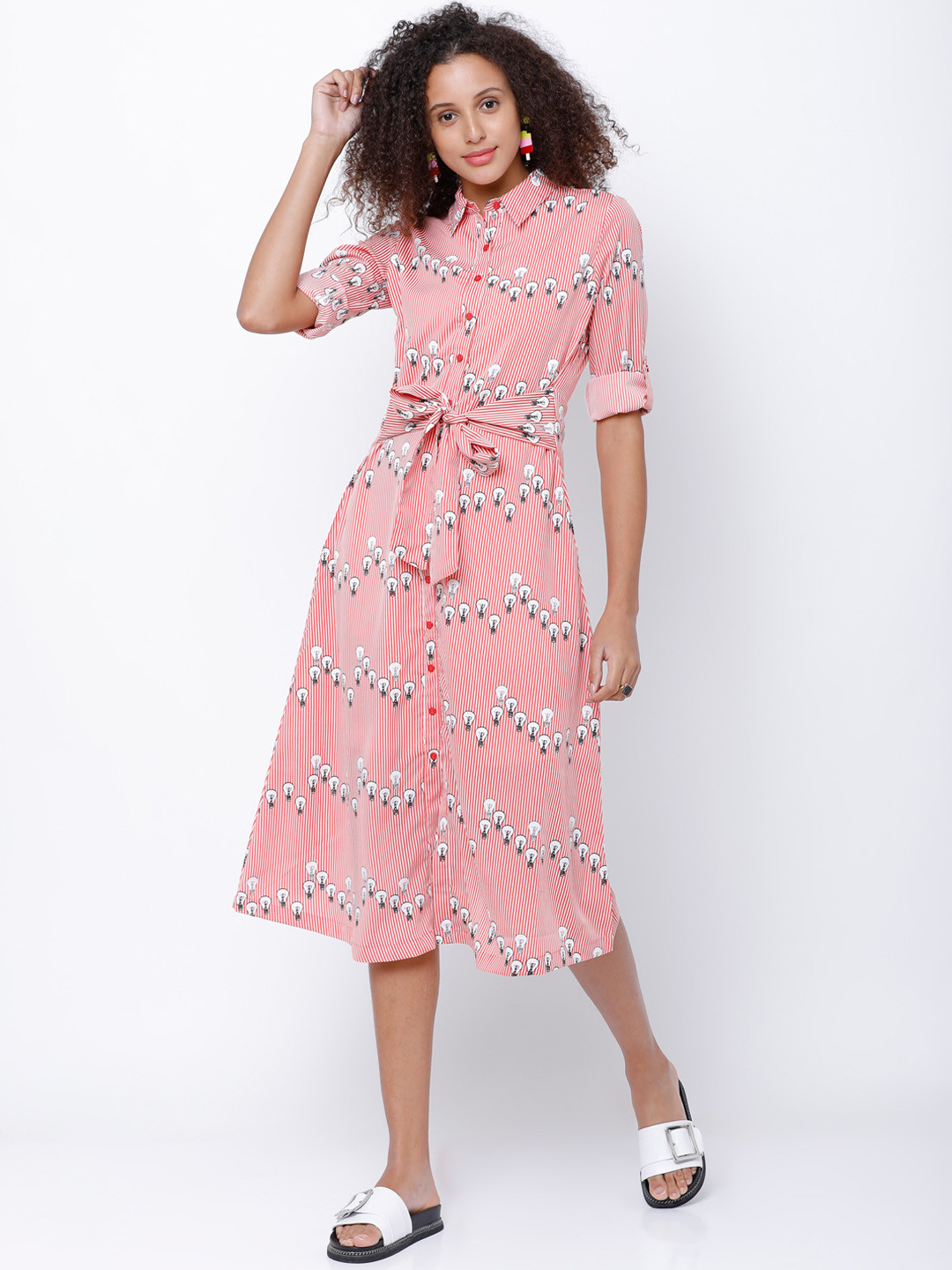 Tokyo Talkies Women Coral Self Design Shirt Dress