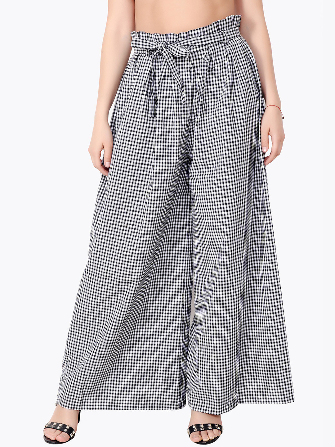 Cation Women Black & White Flared Checked Regular Trousers
