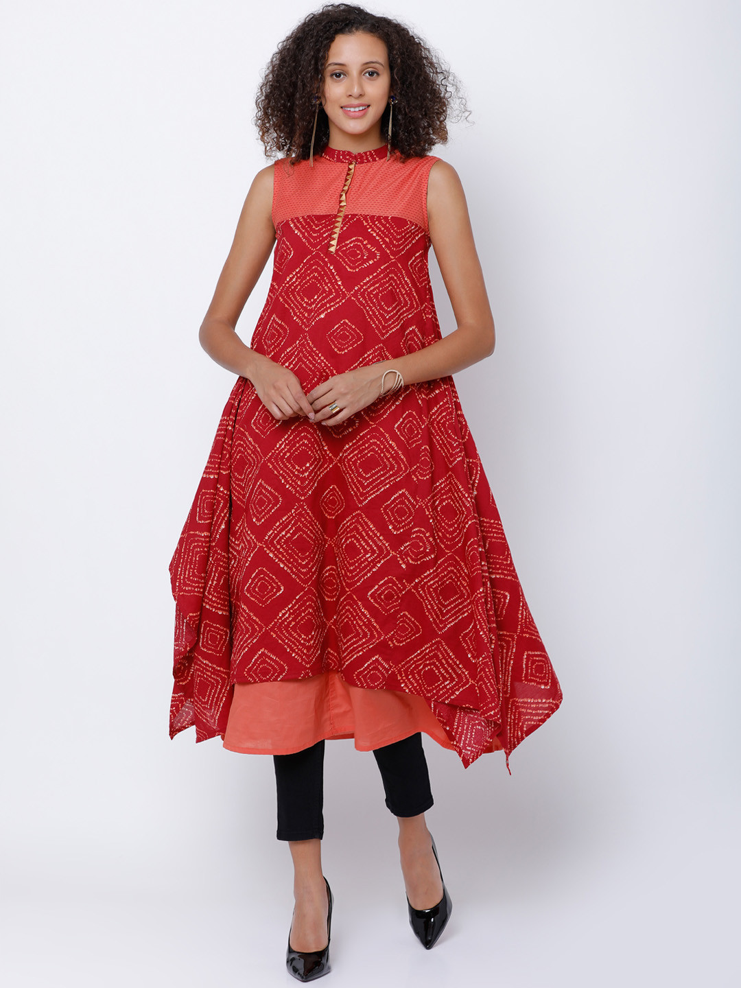 Vishudh Women Red & Orange Printed Asymmetrical Hem A-Line Kurta