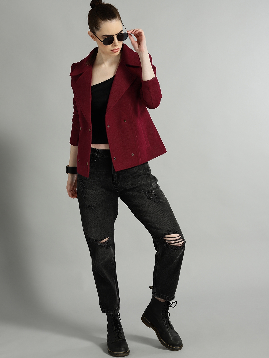SASSAFRAS Women Maroon Corduroy Solid Double Breasted Casual Blazer