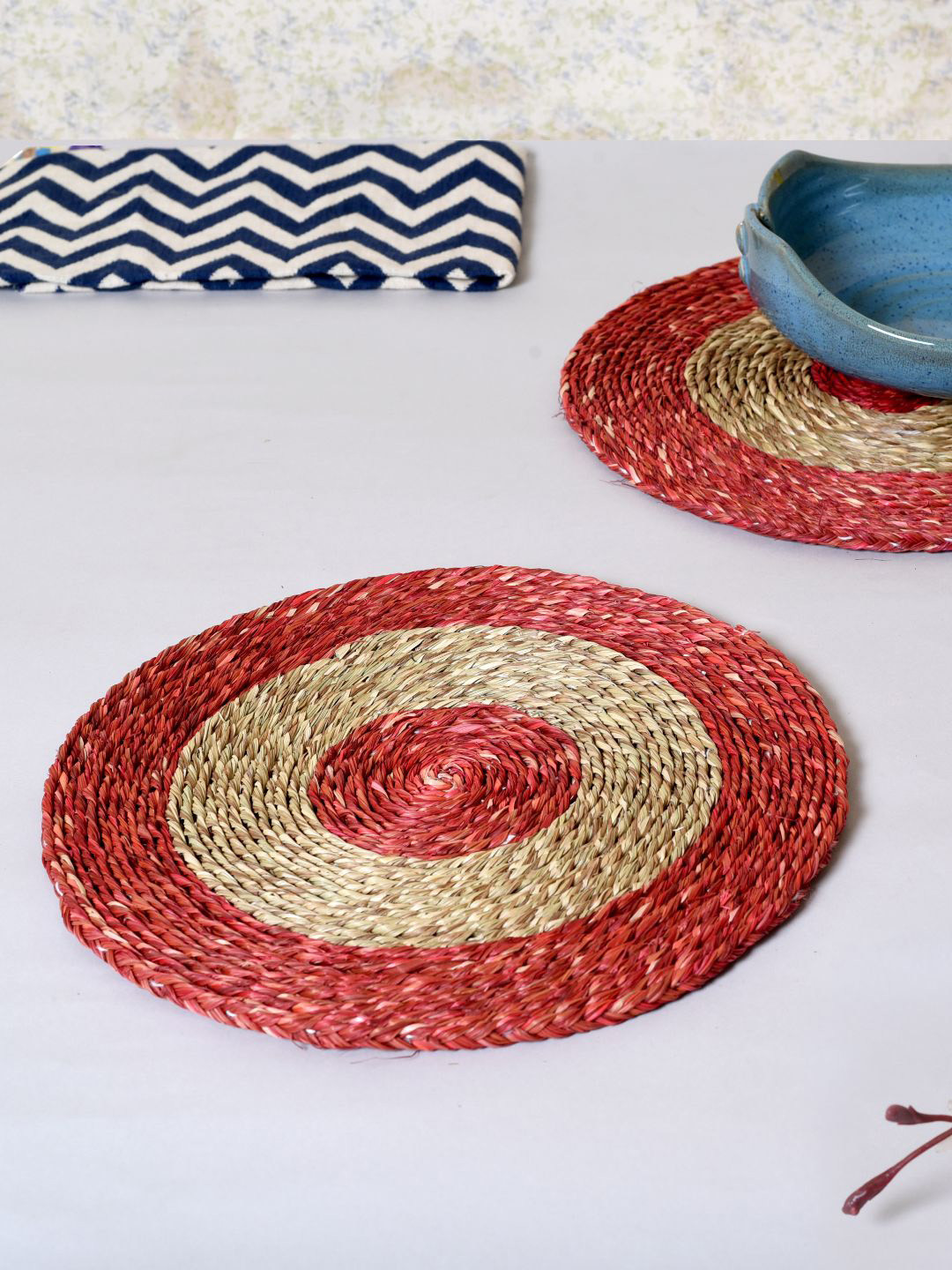 Unravel India Red & Beige Set of 2 Dish Coasters