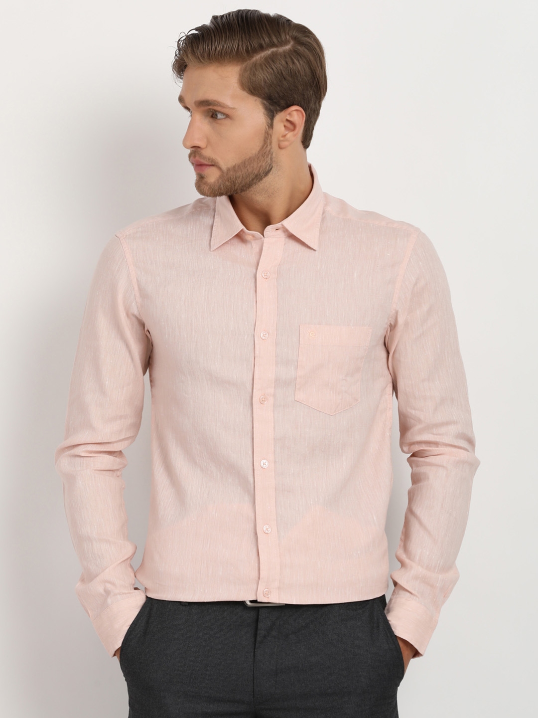 Buy Men Peach Slim Fit Formal Full Sleeves Formal Shirt Online