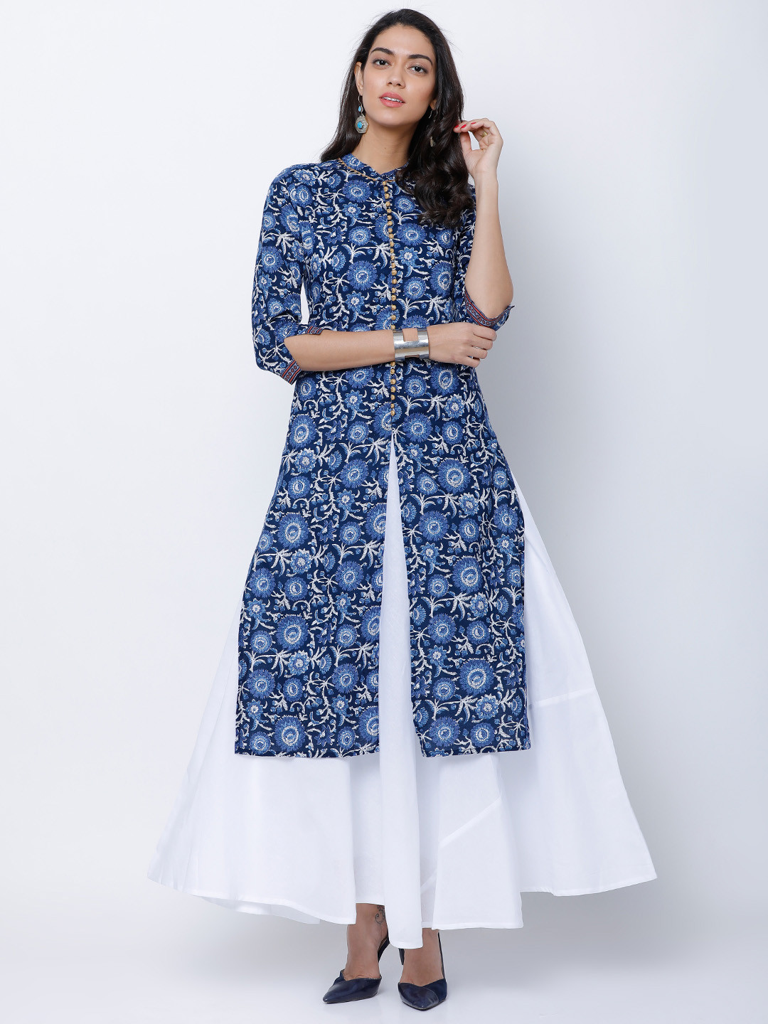 Vishudh Women Navy Blue & White Printed Straight Kurta