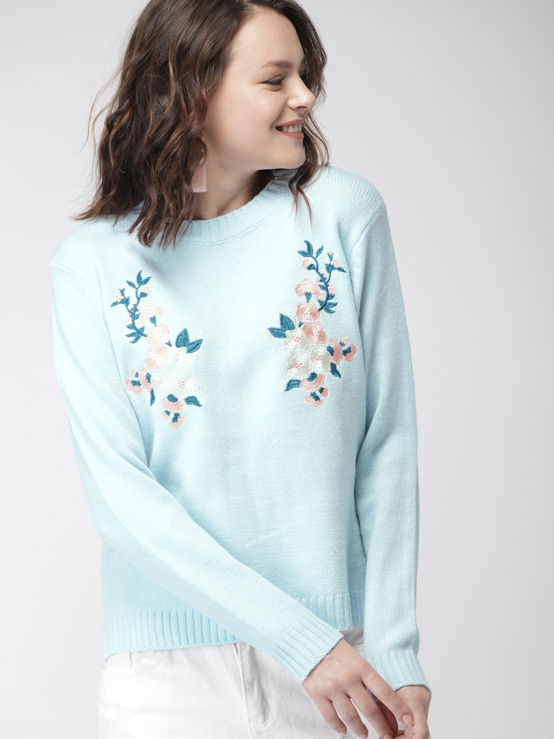 Buy Mast Harbour Women Blue Embroidered Pullover Sweaters for