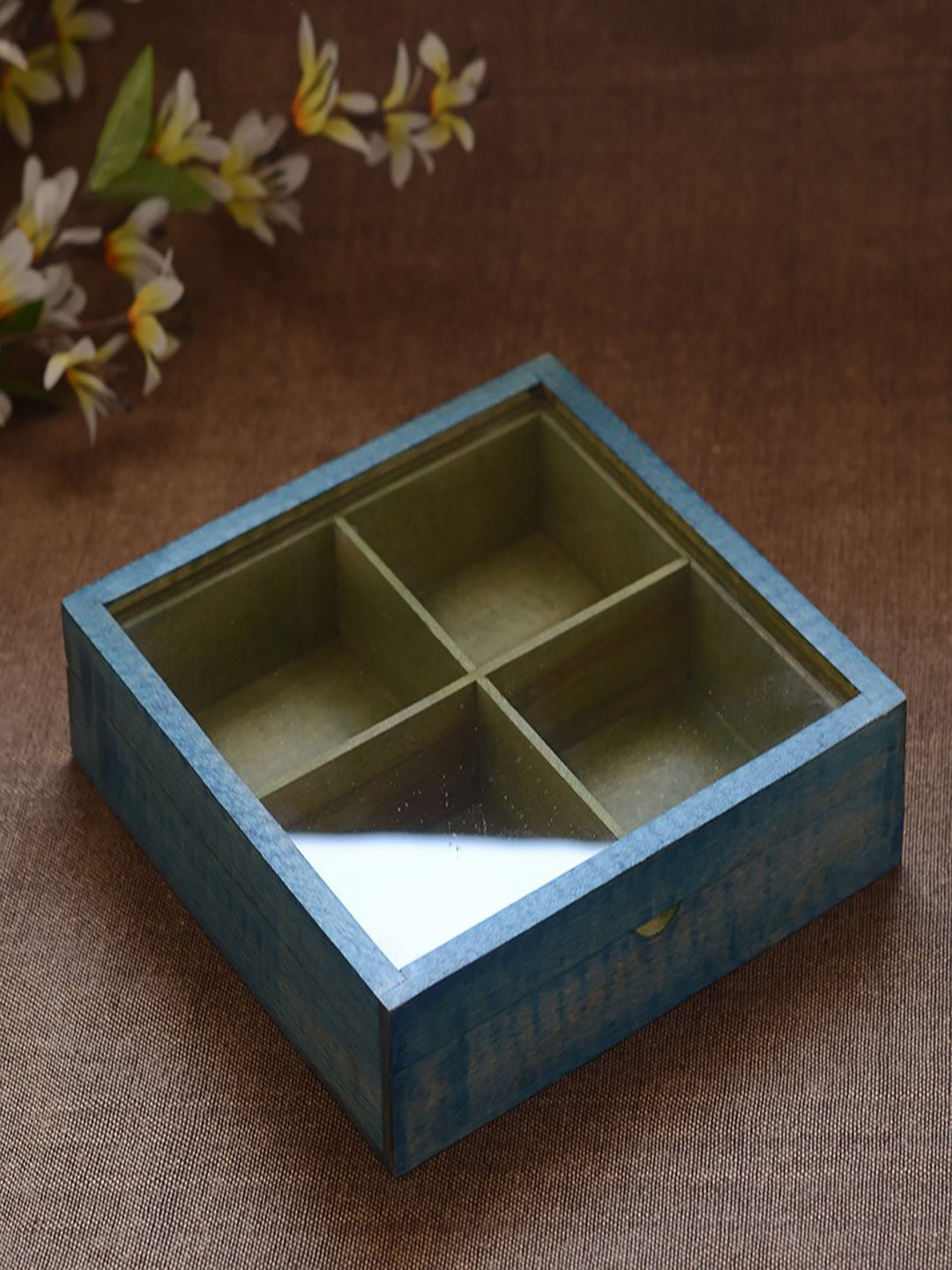 Unravel India Blue Wooden Kitchen Utility/Masala Box