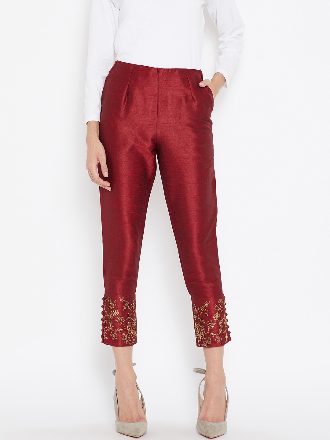 Maroon Cotton Slim Fit Embroidered Cigarette Trousers For Womens  Naari   3107496