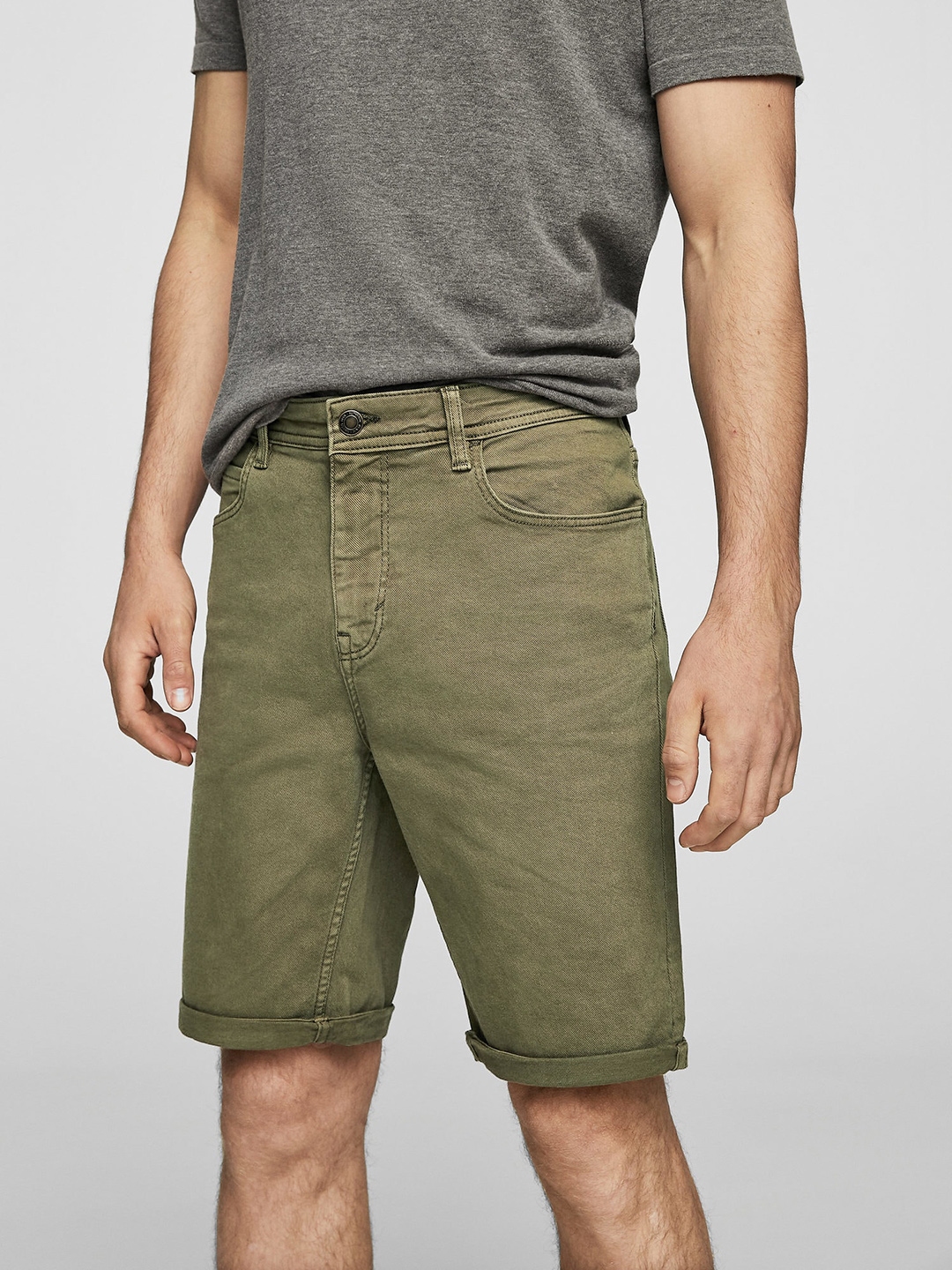 MANGO MAN Men Olive Green Solid Regular Fit Denim Shorts