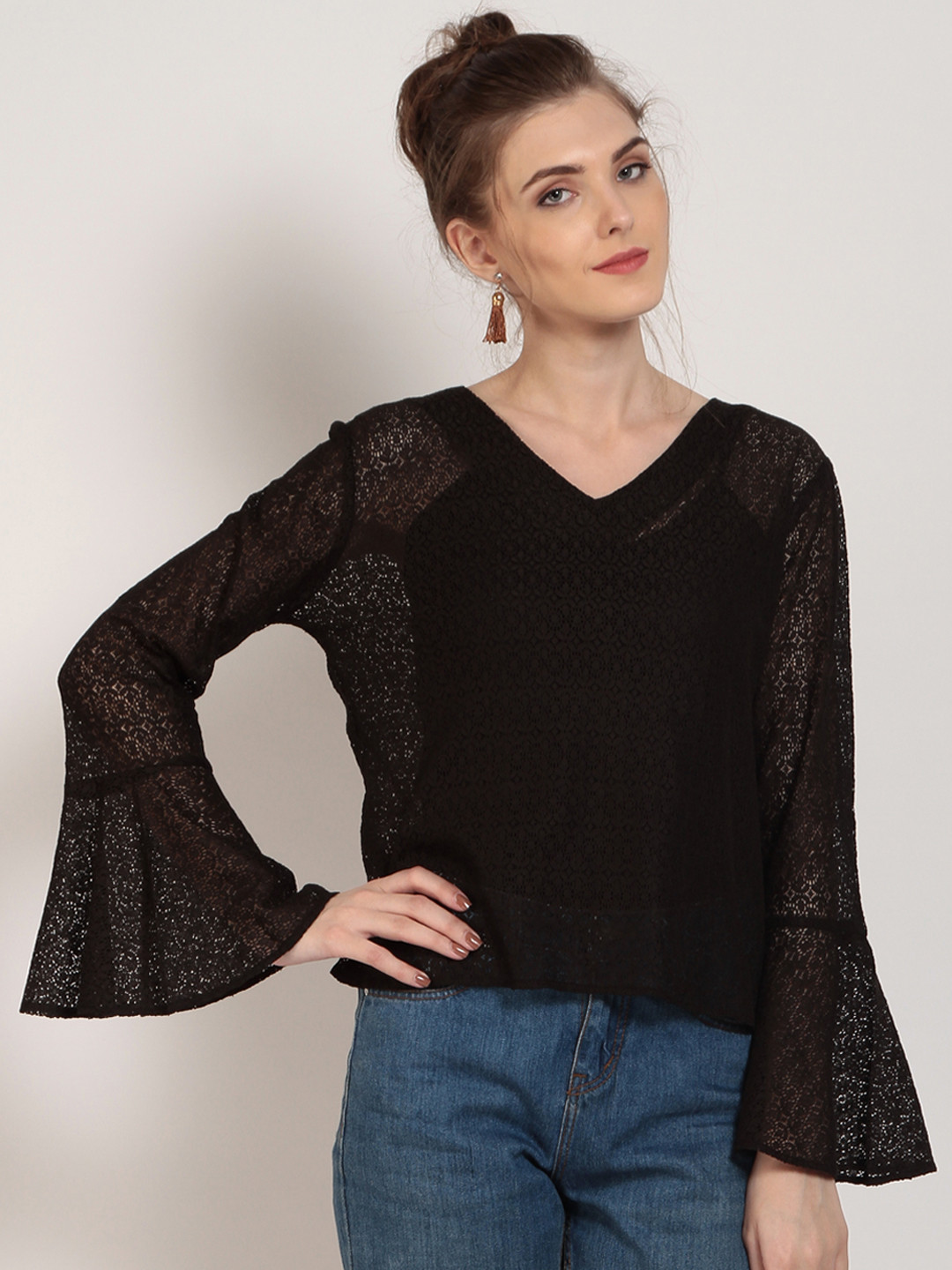 Marie Claire Women Black V-Neck Self Design Top