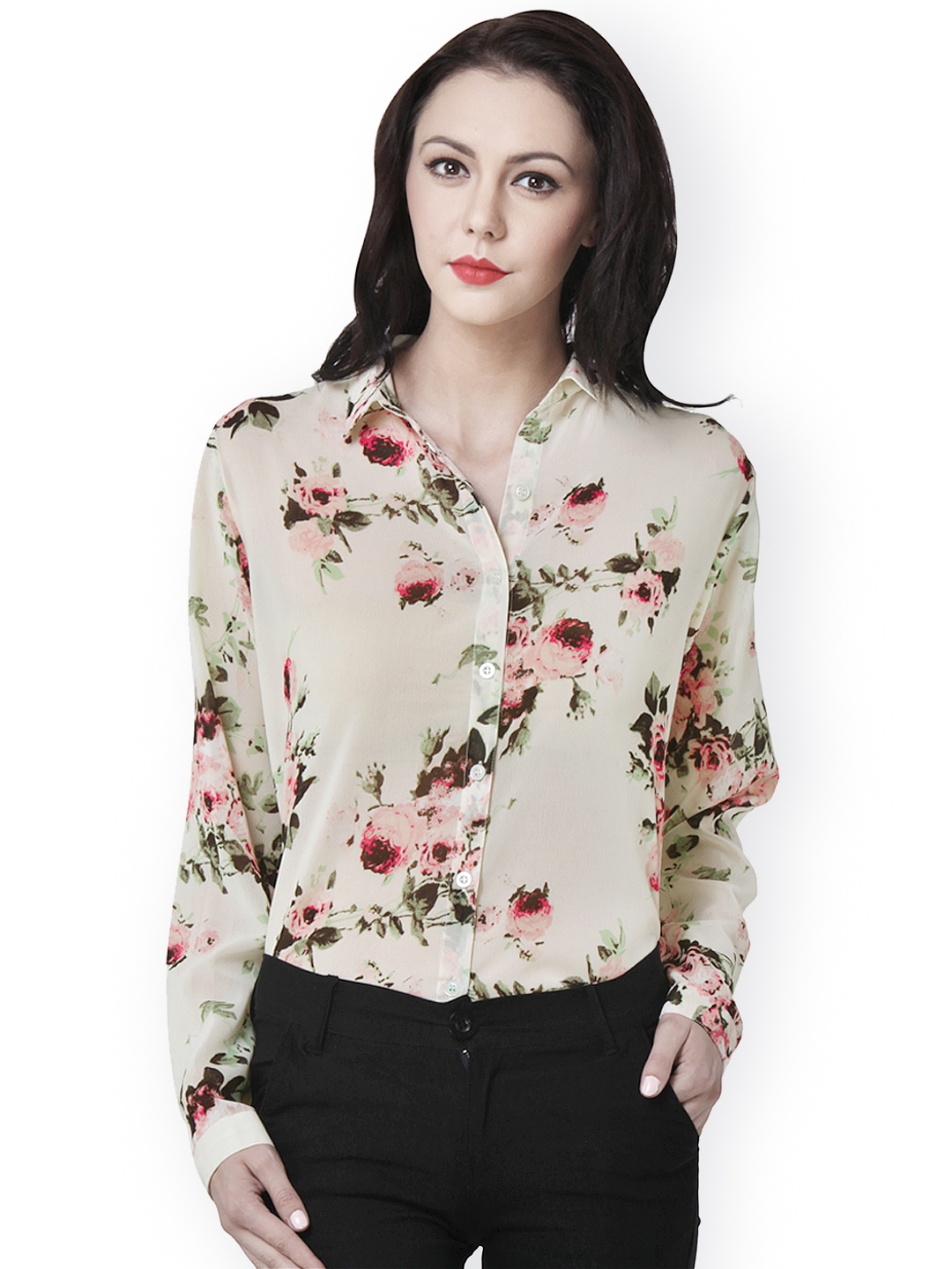 Buy PURYS Women Beige & Pink Semi Transparent Floral Printed Shirt
