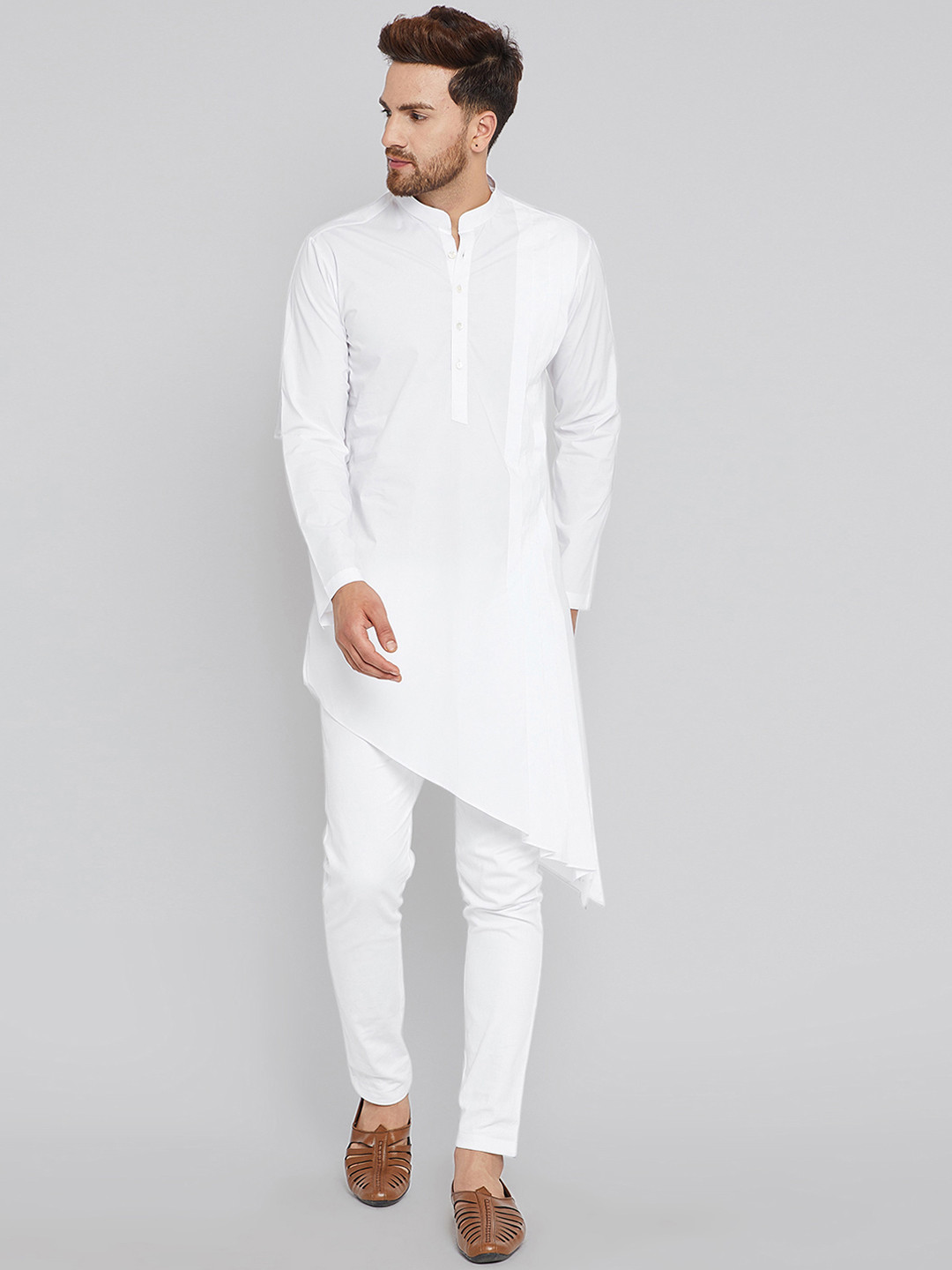 See Designs Men White Solid Asymmetric Hemline A-Line Kurta